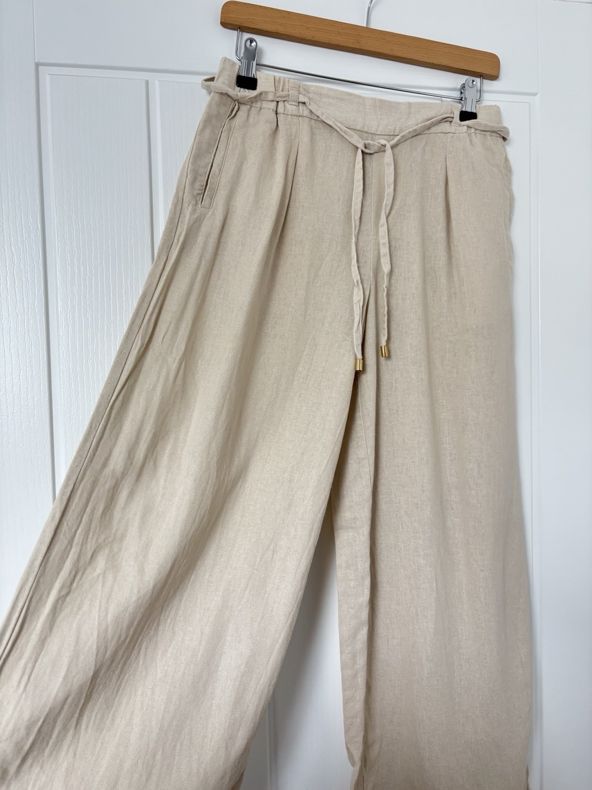Zara Beige Natural Ecru Linen Blend Wide Leg Trousers Pants Tie Xs Pockets High