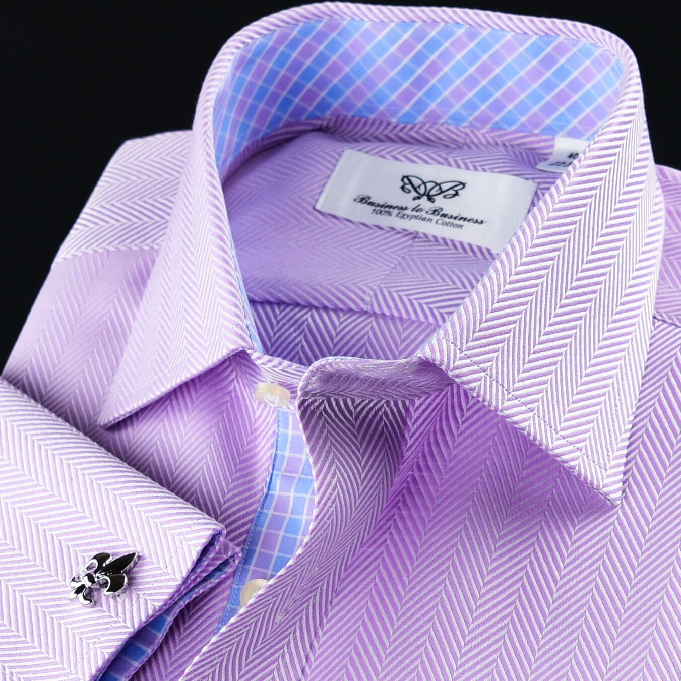 Lilac TOPHerringbone Dress Shirt Luxury With Fancy Boss Inner Lining Double Cuff