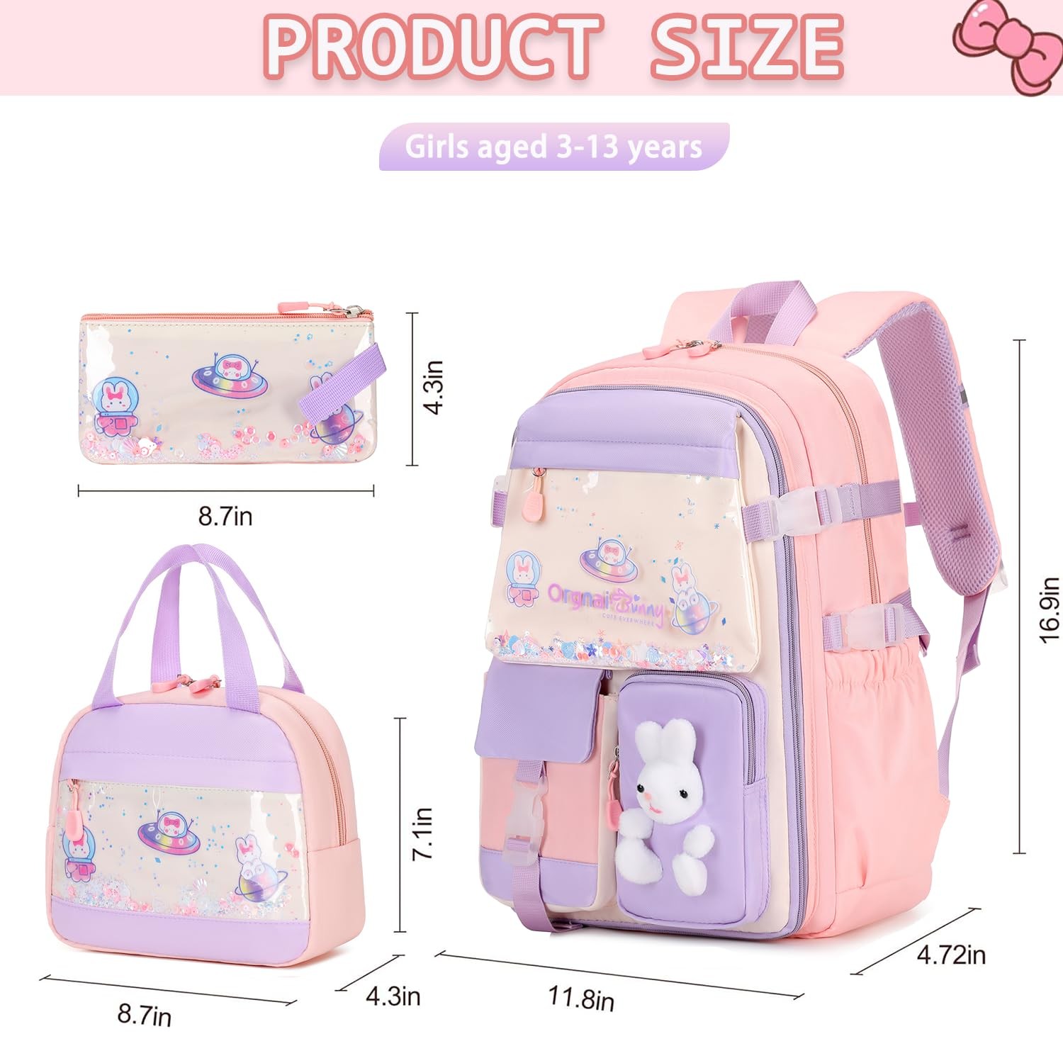 Kawaii Cute Bunny Backpack Set with Lunch Box & Pencil Case for Girls School