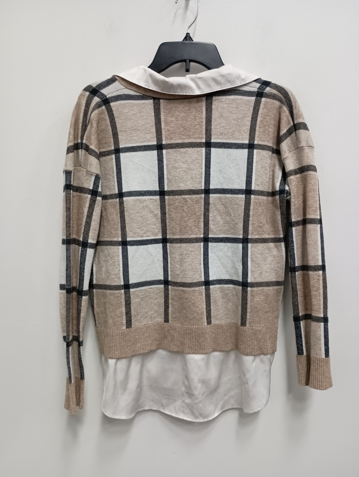 Rachel Zoe Twofer Sweater Womens Large Beige White Plaid Preppy Office Pullover