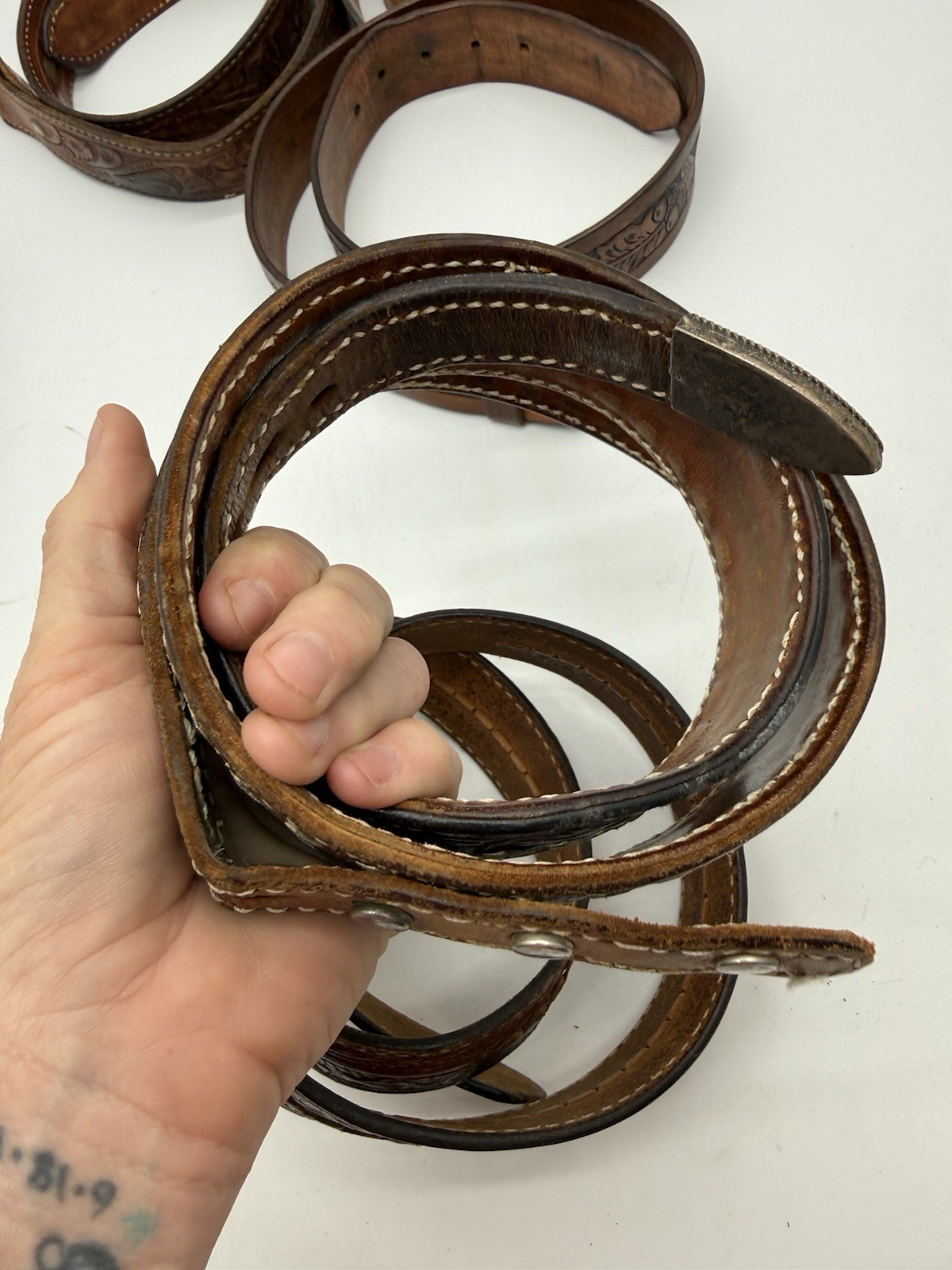 Lot of 5 Leather Belts Vintage Western Style Buckle Replacement Parts See Photos