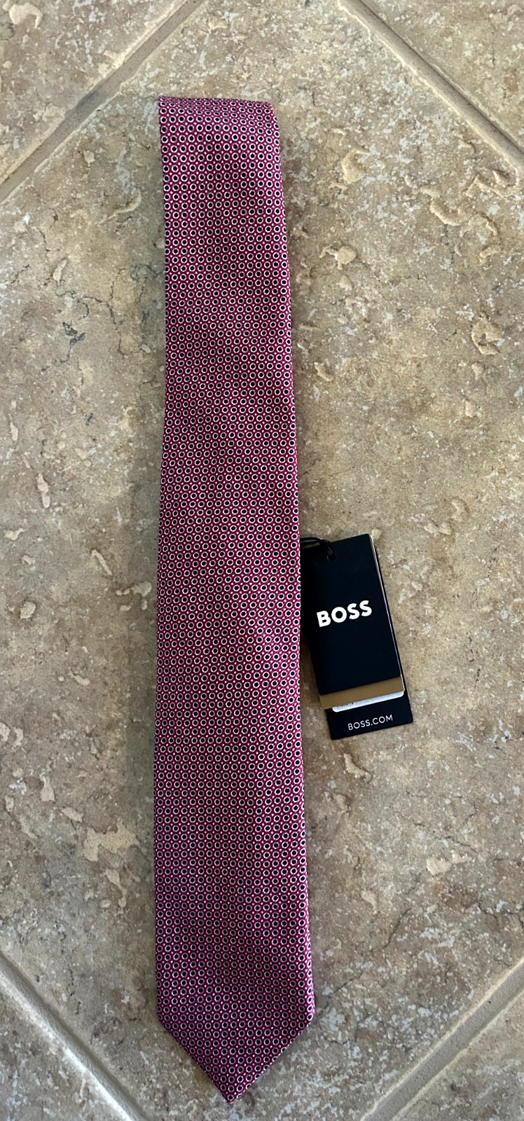 Hugo Boss Cotton Blend Mens Tie Necktie Dark Red wCircles Made in Italy $118 NWT