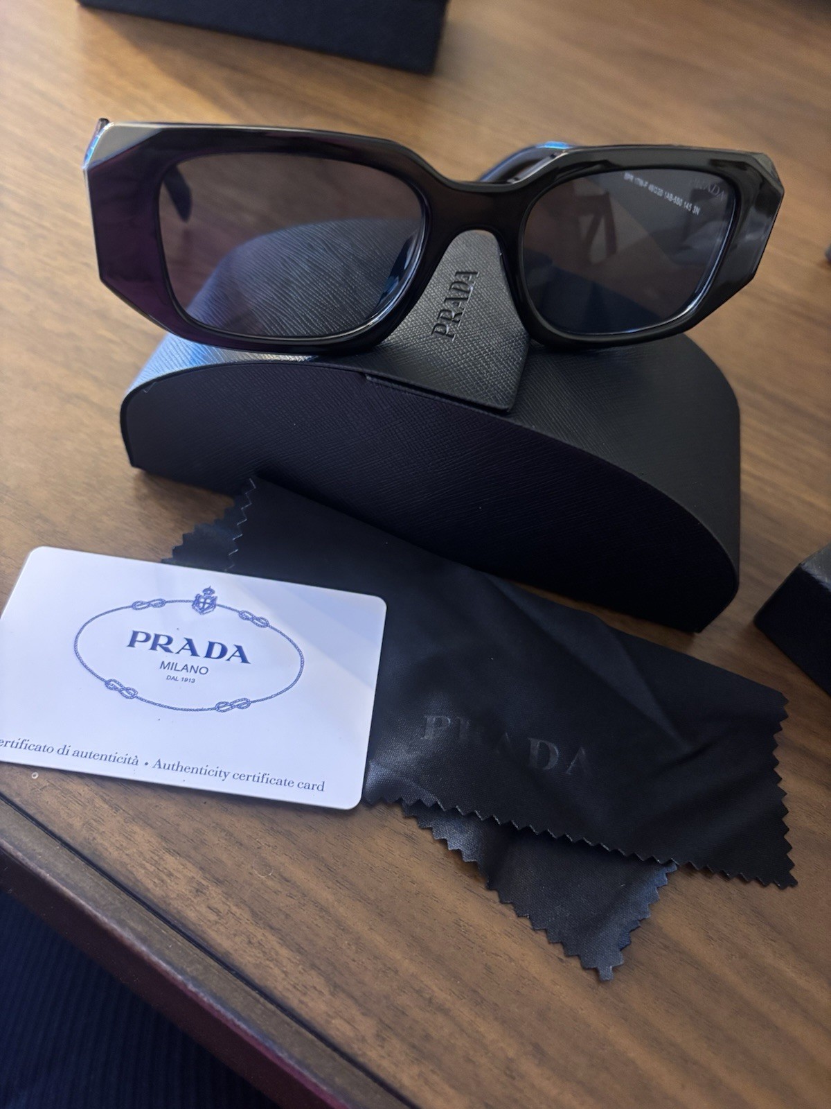 PRADA SPR 17W-F Women’s Rectangle Sunglasses Black Frame Gray Tinted 140mm