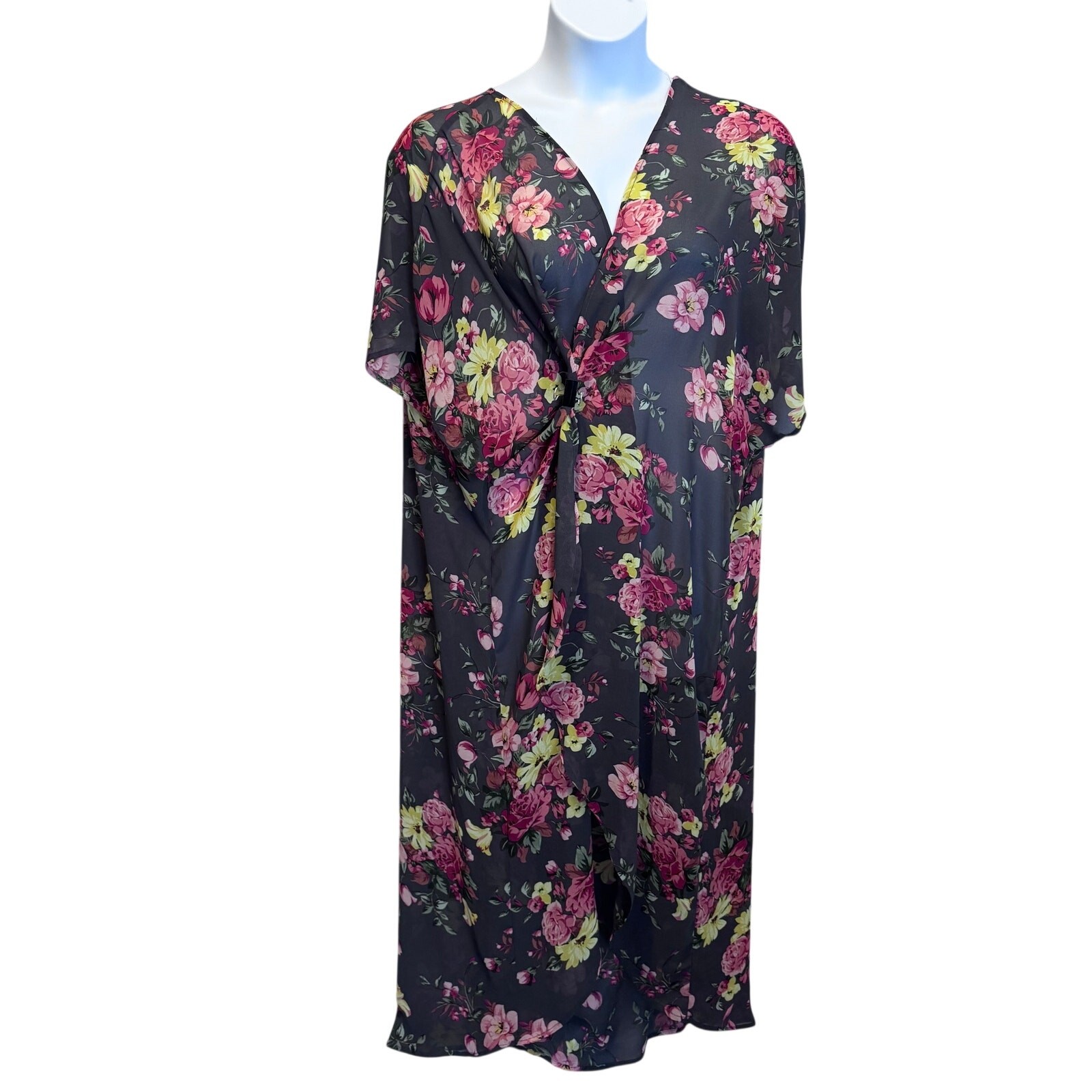 Torrid Size 3/4 Floral Chiffon Kimono Duster Cardigan Gray Pink Sheer Cover/Wrap