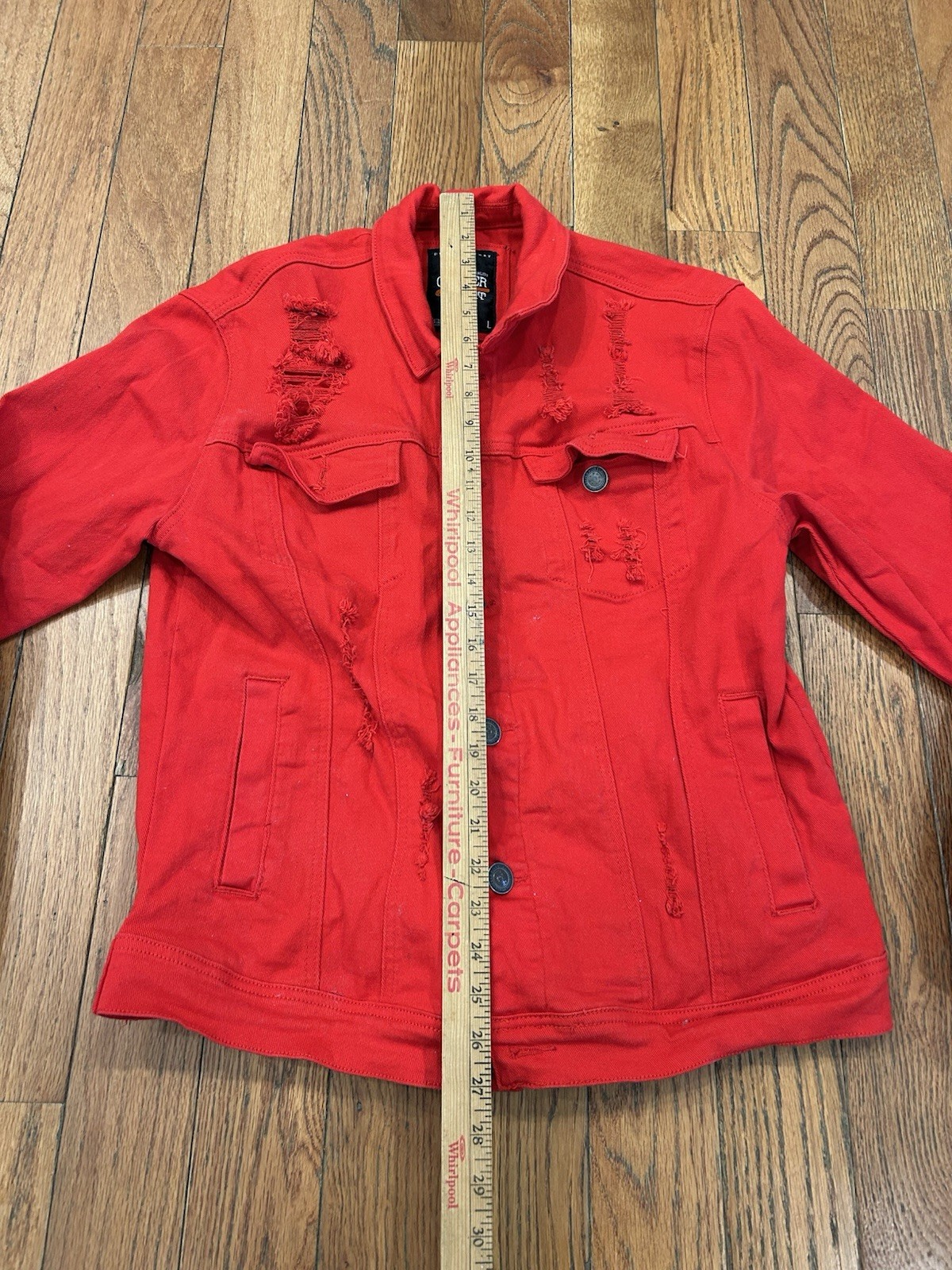 Copper Rivet Denim Jacket Mens Large L Red Distressed Ripped Jean Trucker Coat