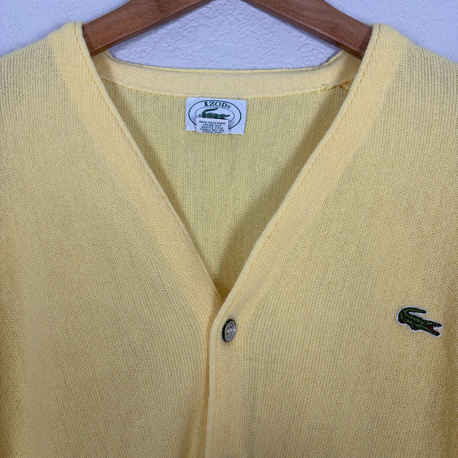 Vtg IZOD Lacoste Mens L Acrylic Cardigan Sweater Yellow USA Made Preppy Grandpa