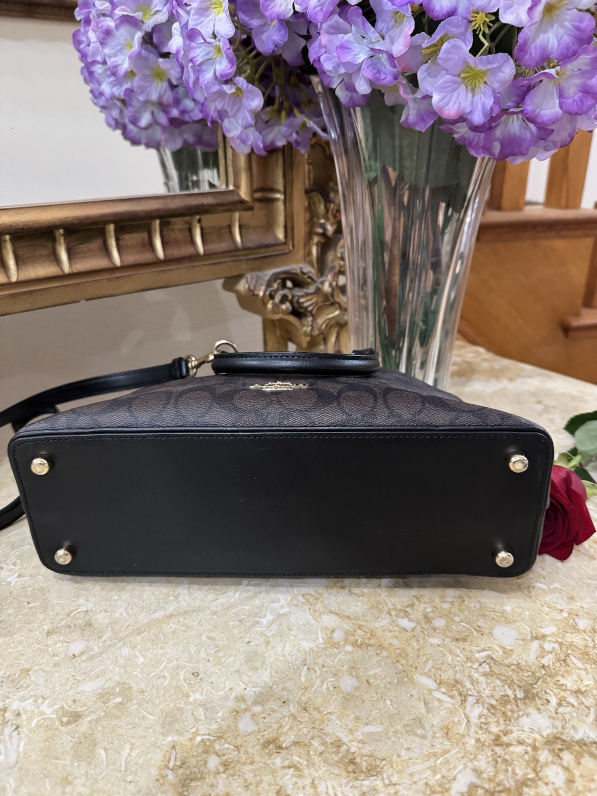 Coach Signature Dome Satchel Black/Gray Gold Hardware Zip w/ Detachable Strap