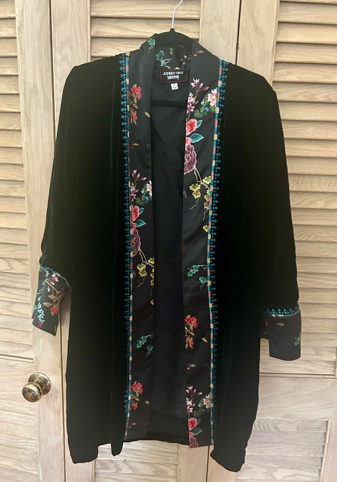 Johnny Was M Medium Black Velvet & Silk Kimono Cardigan Wrap Duster Jacket