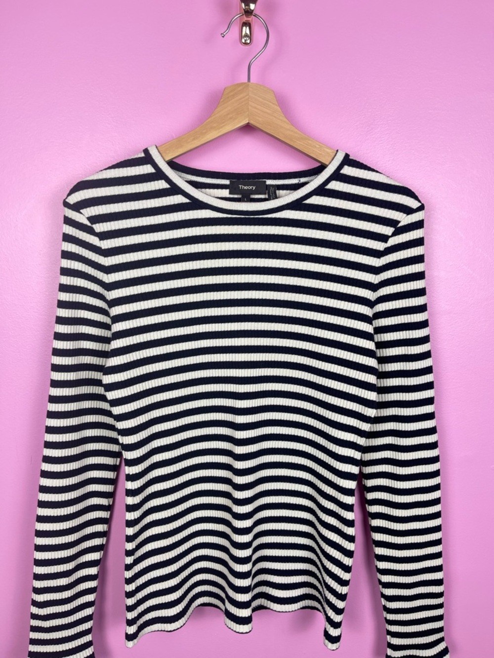 Theory Tiny Striped Ribbed Knit Long Sleeve Tee Black White Women’s Large
