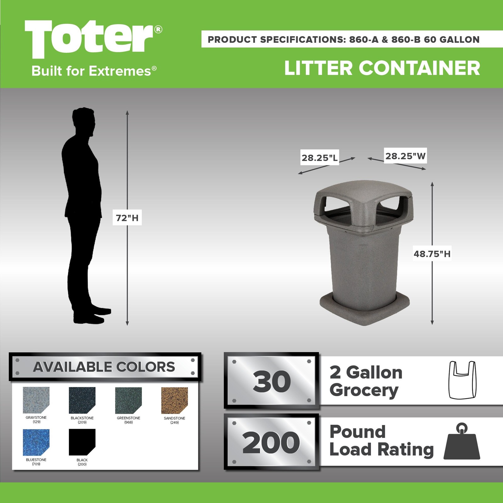 Toter 60 Gallon Graystone Plastic Commercial Hinged Lid Trash Can|12333