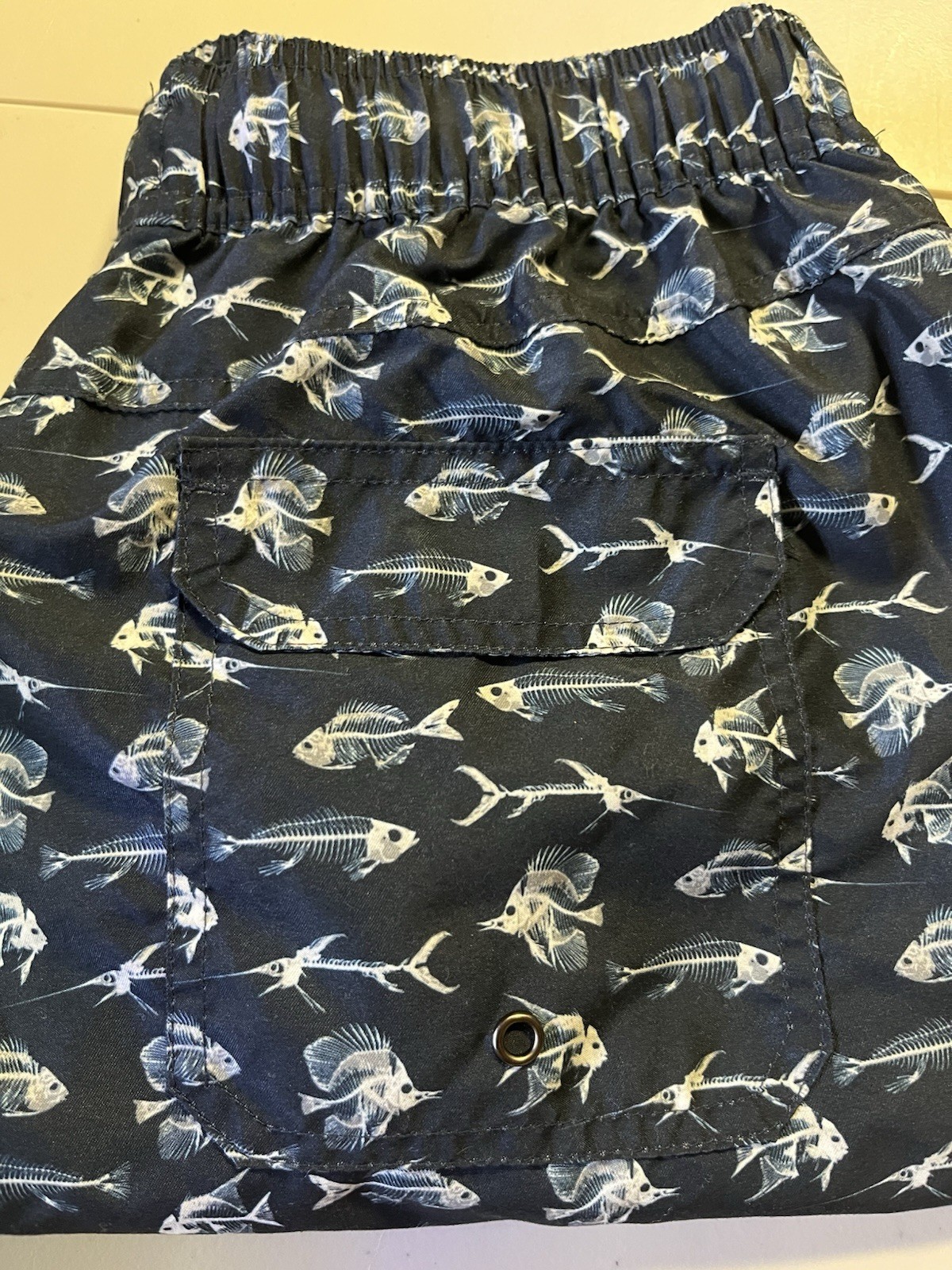 Men’s Beach Bros Swim Trunks Shorts Size M Blue/White Skeleton Fish Design