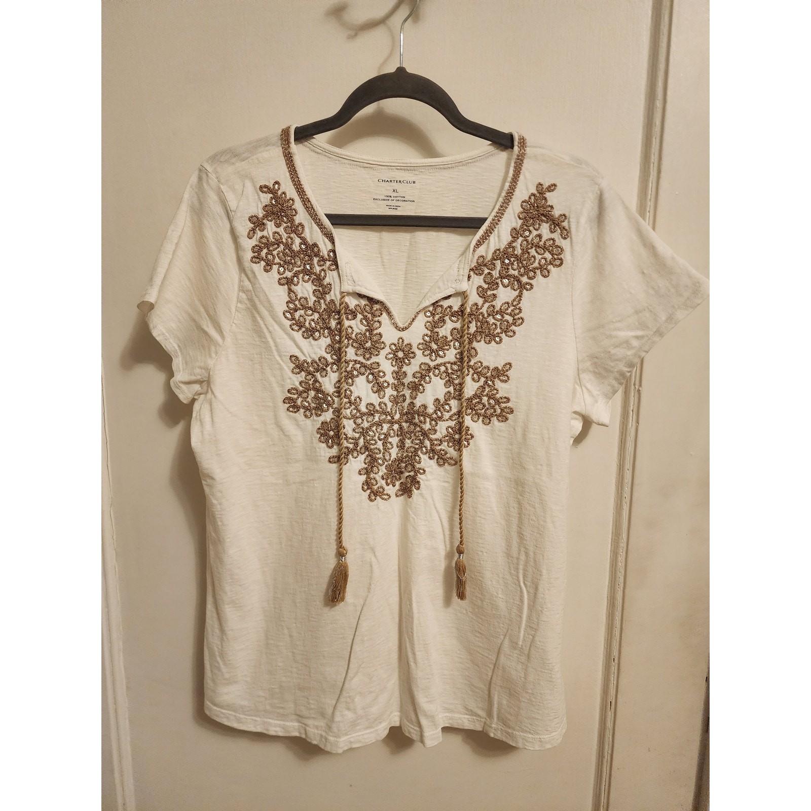 Charter Club Women’s Gold Sequin Embroidered top, XL