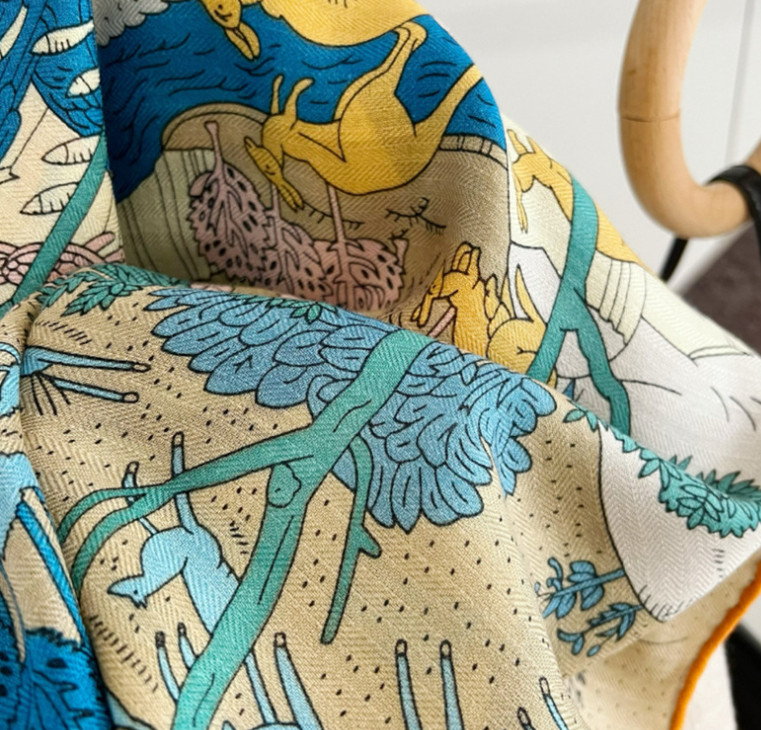 70% Cashmere 30% Silk Wrap Scarf Animal World Print Double Face Print Shawl 53”