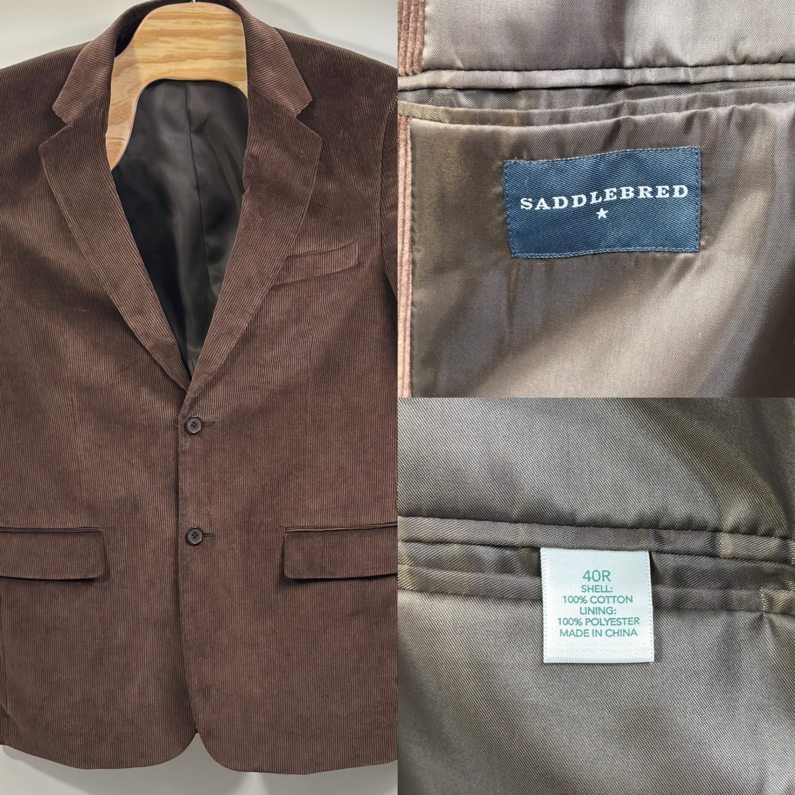 Saddlebred 40R Brown Corduroy Sport Coat Blazer 2 Button 100% Cotton
