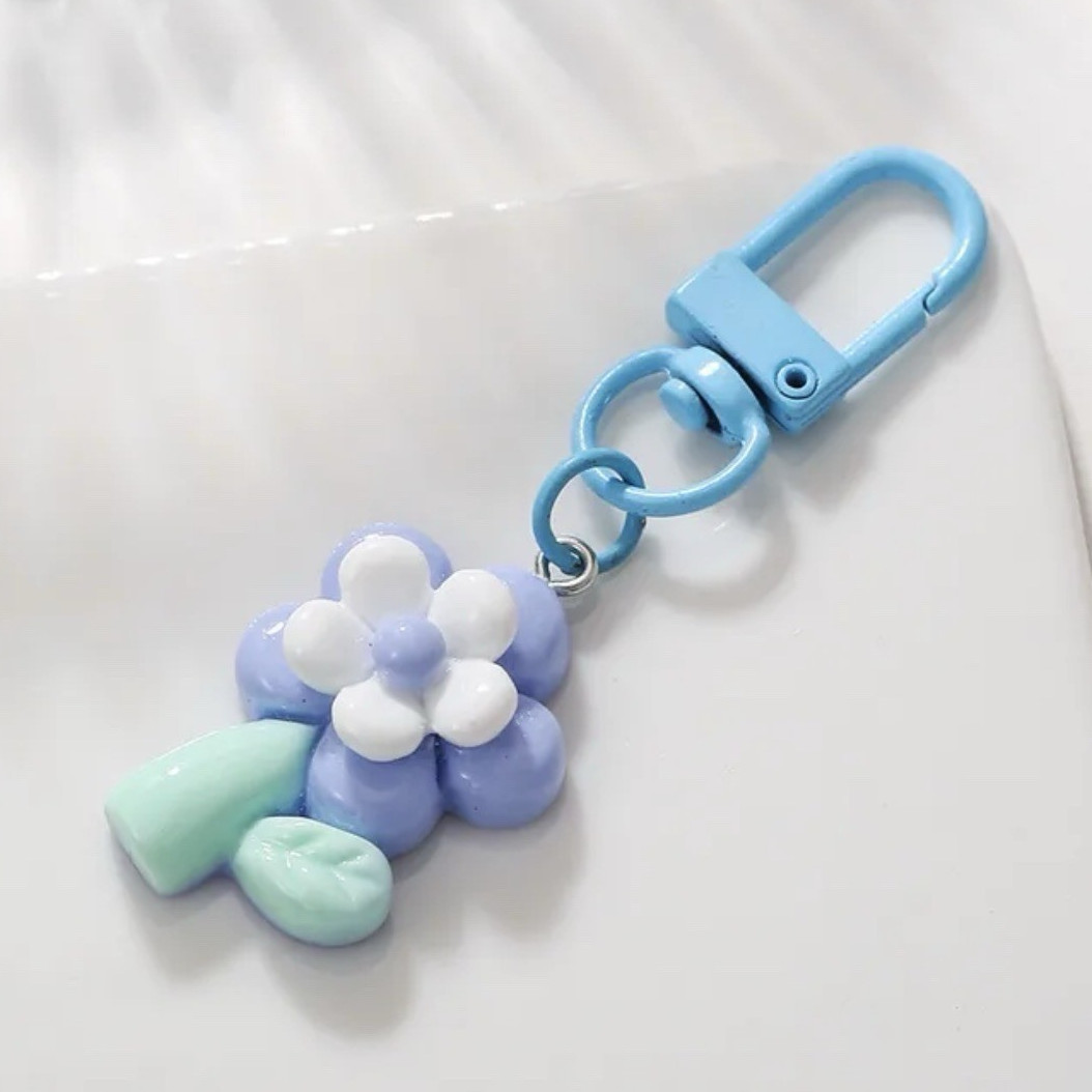 Blue Key Chain Floral Flower Charm Plastic & Metal Purple White Green