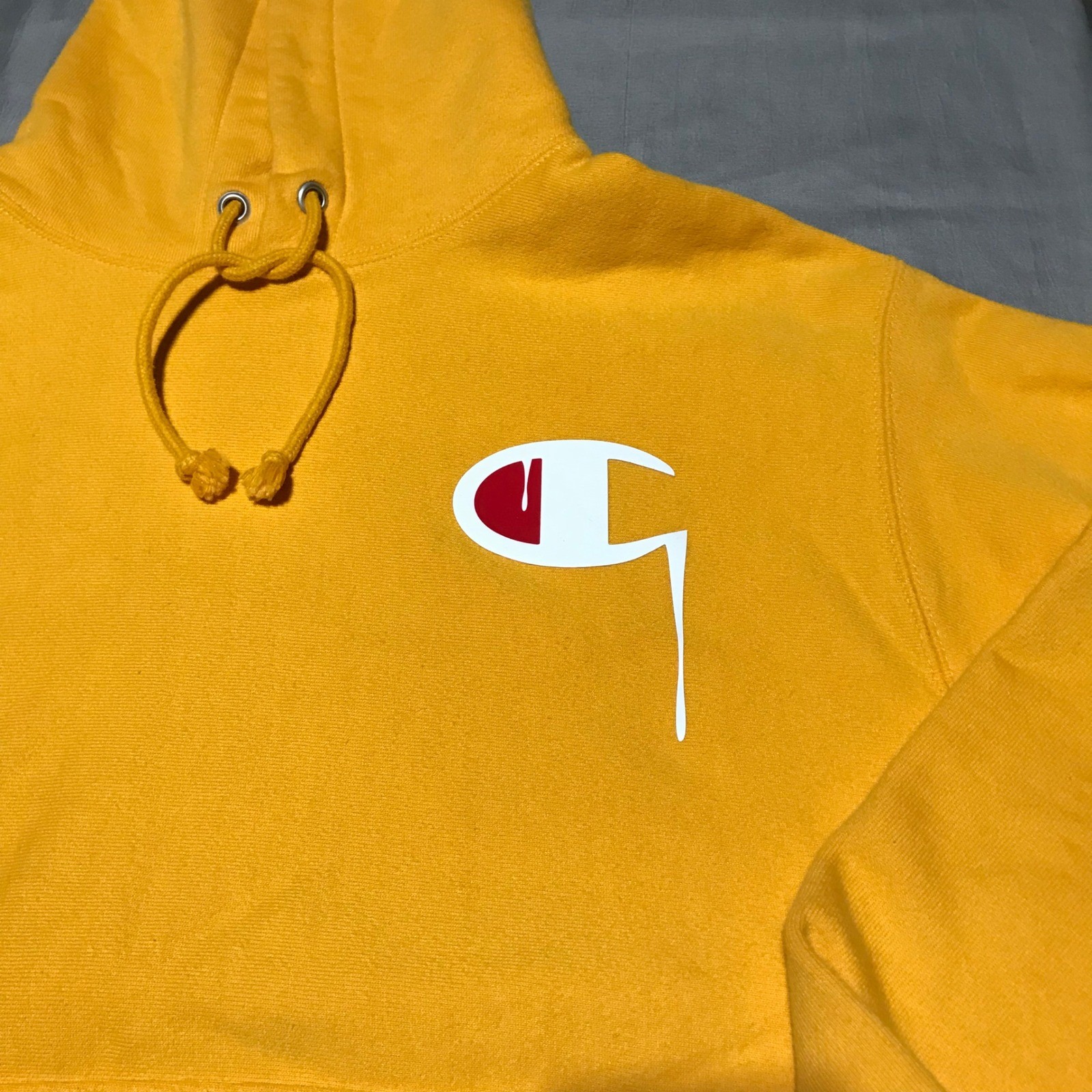Champion Reverse Weave Gold Yellow Drip Logo Hoodie Mens Large GF68 BYC
