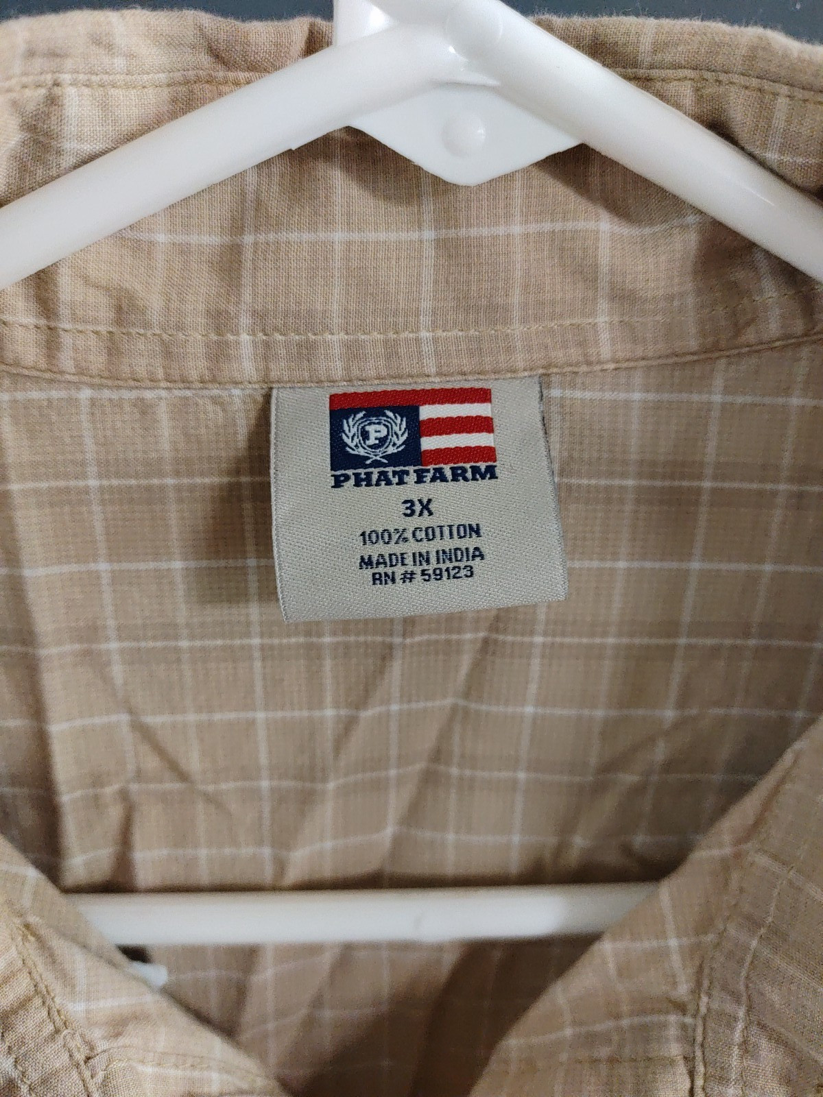 Phat Farm Men’s 3XL Short Sleeve Button Up Shirt Beige White Plaid Hip Hop Y2K