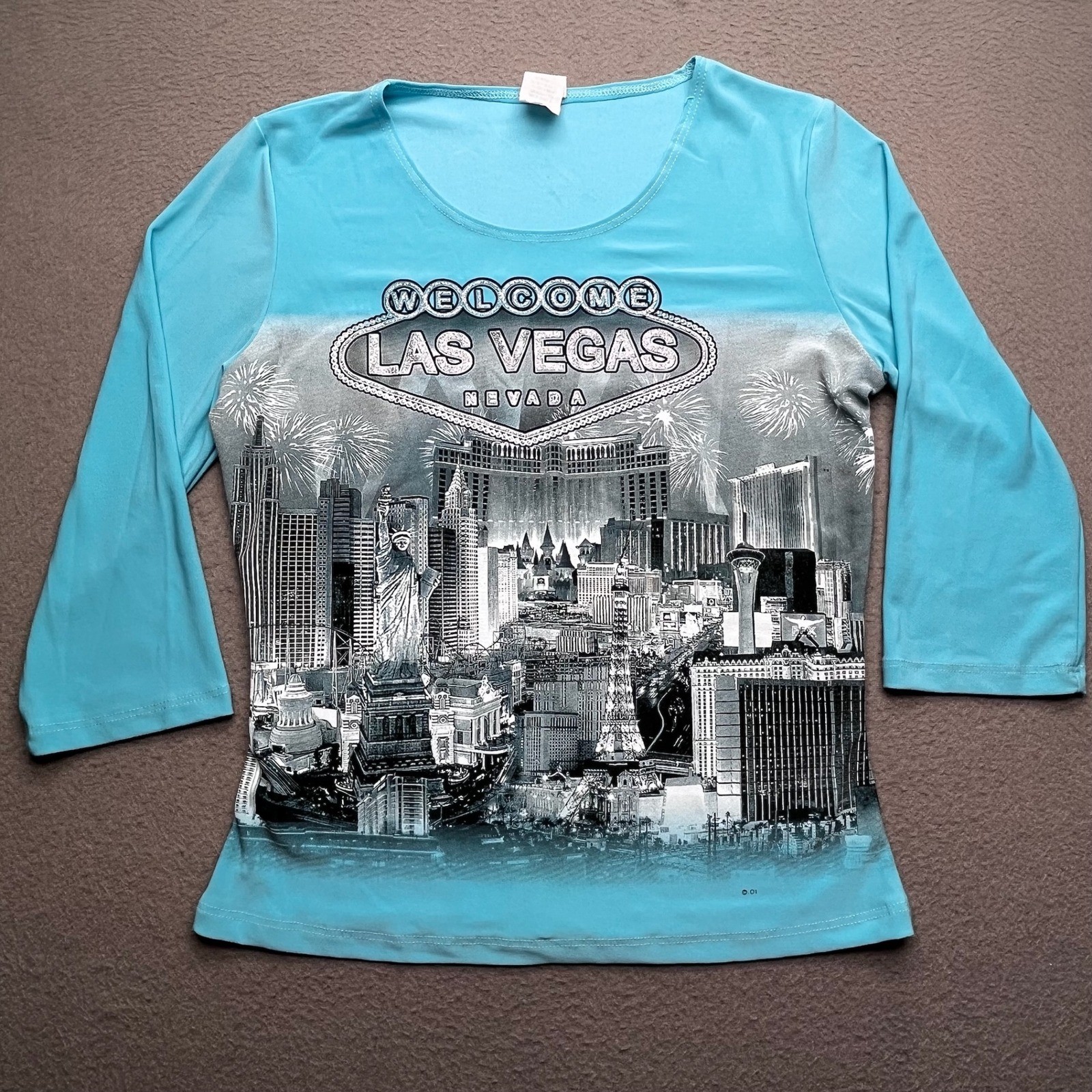 Las Vegas Women Graphic Top Polyester Spandex Large Y2K Souvenir Turquoise