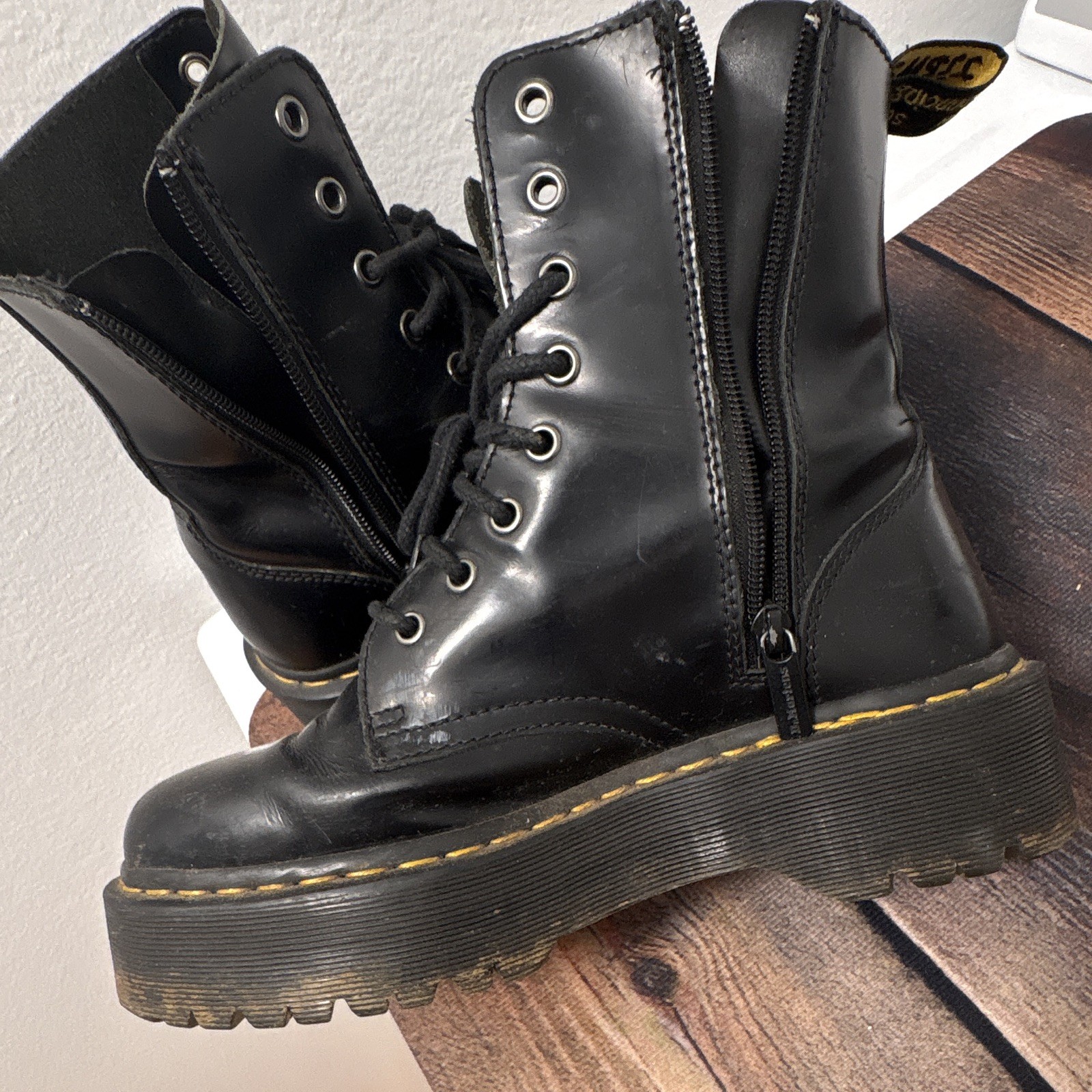 Dr. Martens Black Leather Platform Combat Boots Lace-Up Side Zip US 8 EU 41