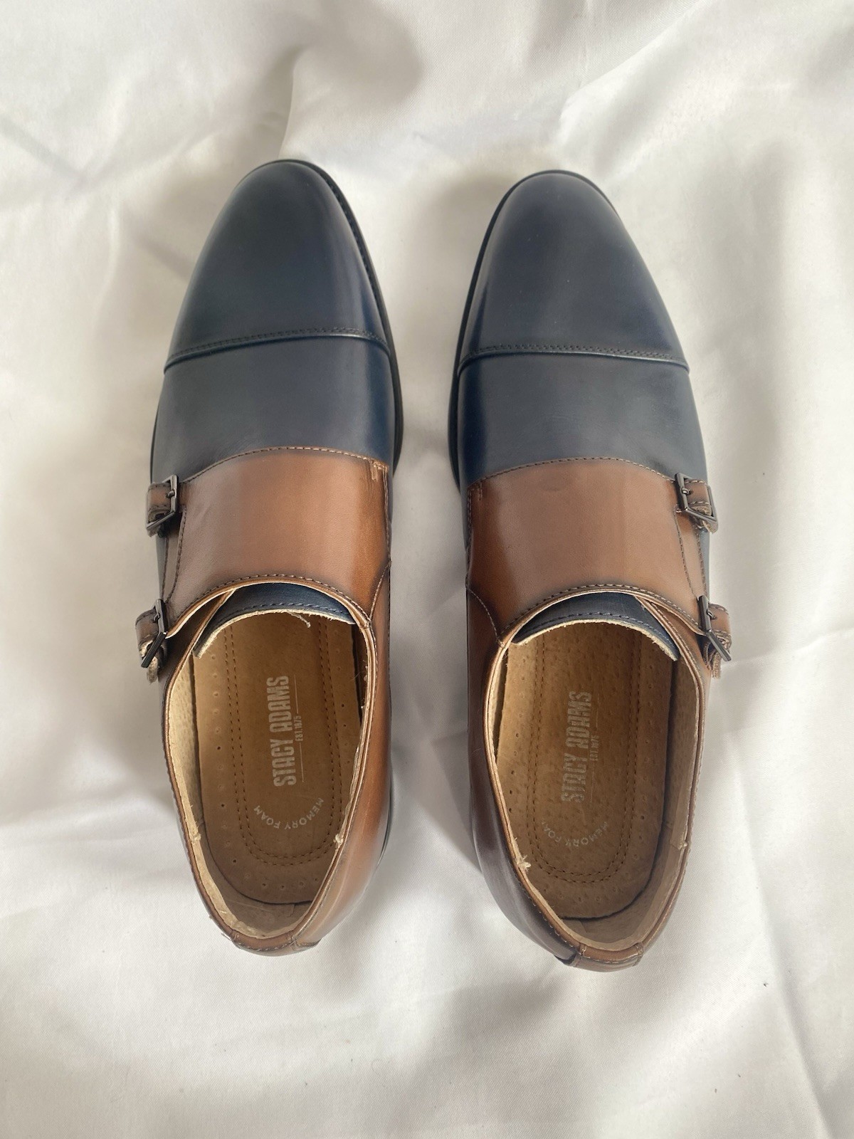 Stacy Adams Raythorne Cap Toe Double Monk Strap Navy Brown Leather Oxford Men 11