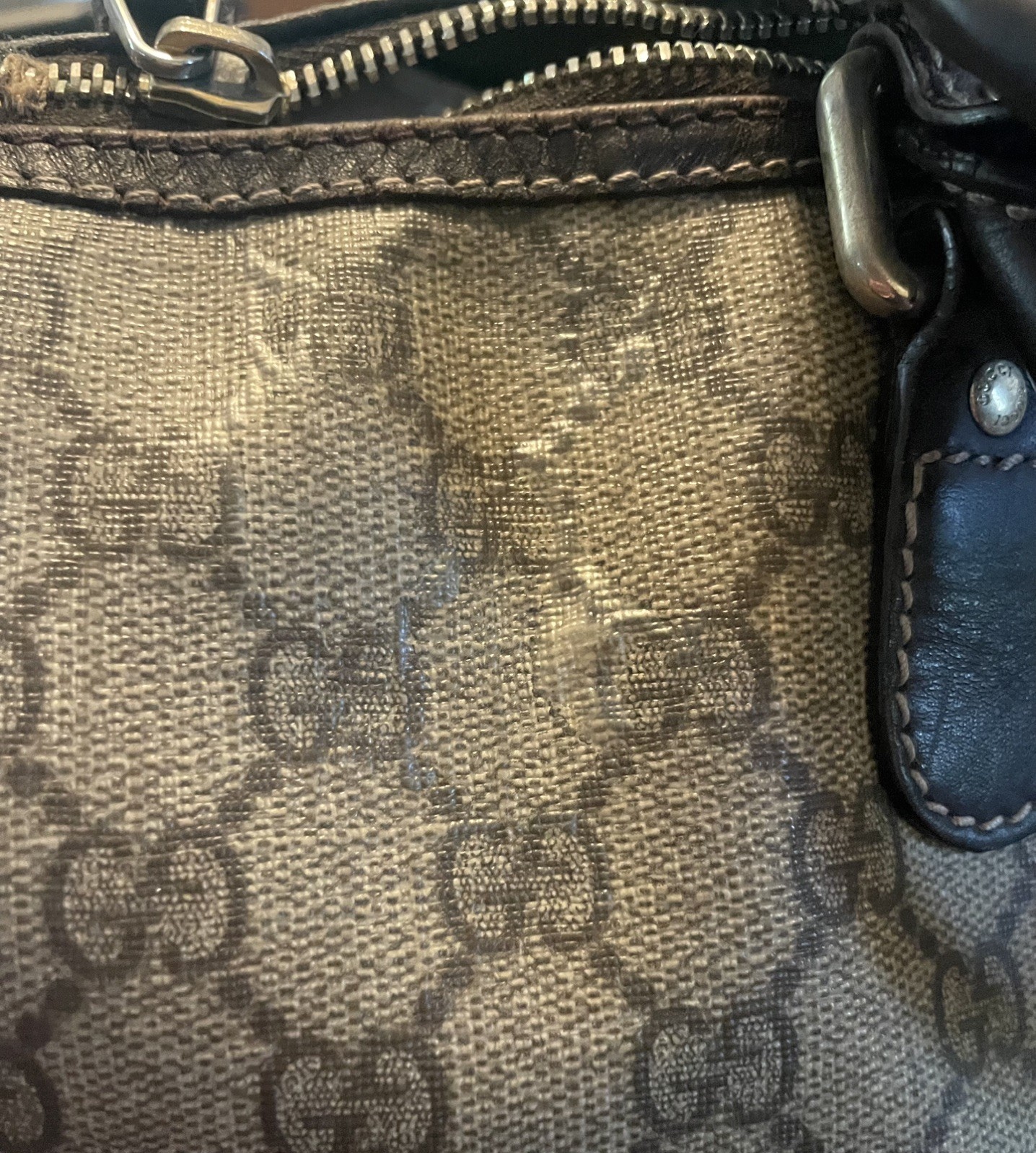 GUCCI authentic Boston Monogram Beige Canvas Leather large Boston satchel