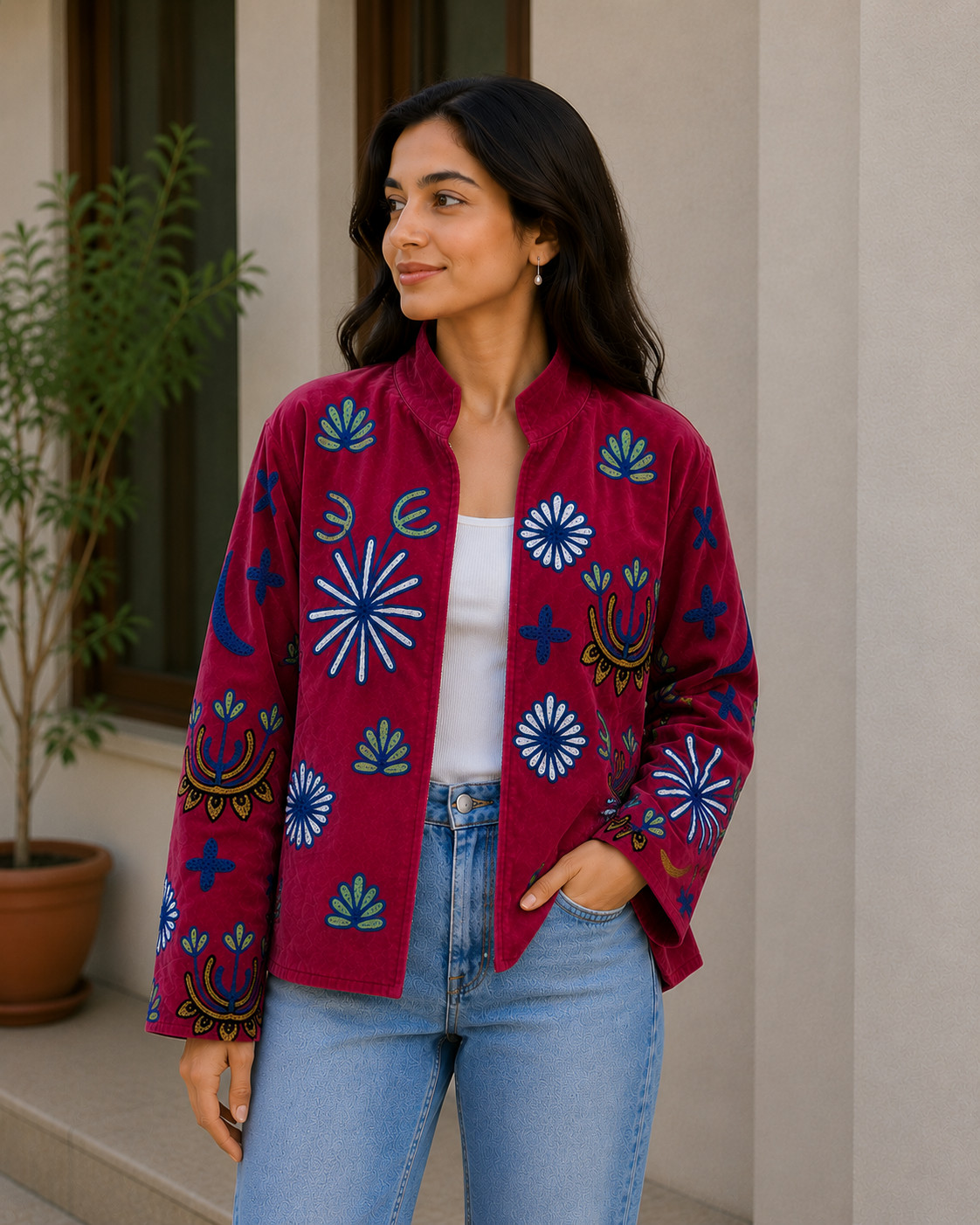 Pink Floral Velvet Suzani Jacket Handmade Embroidered Festival Fashionable Coat