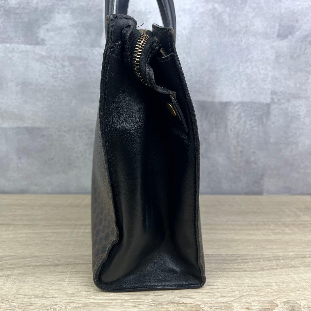 CELINE Macadam Pattern Leather Tote Handbag Dark Brown Gold Hardware Women