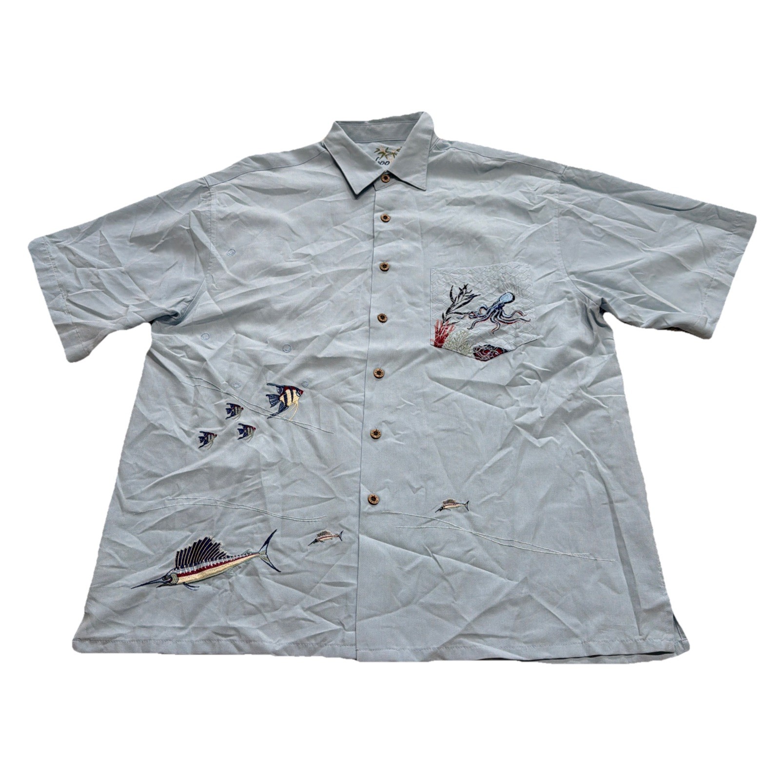 Bamboo Cay Shirt L Blue Hawaiian Fishing Marlin Embroidered Beach Vacation