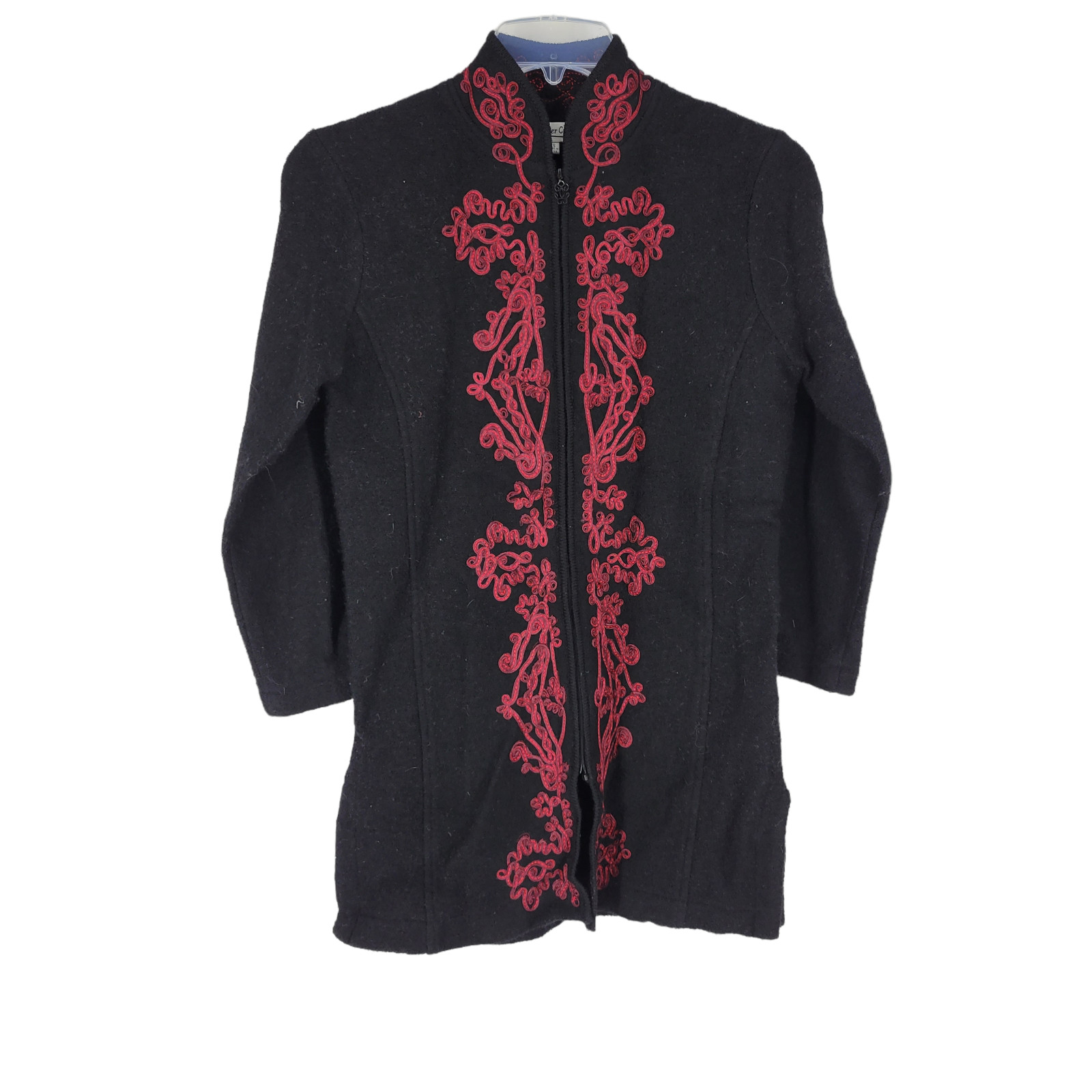 Vamp Western Victorian Black Red Embroidered Wool Zip Up Sweater Jacket XS goth