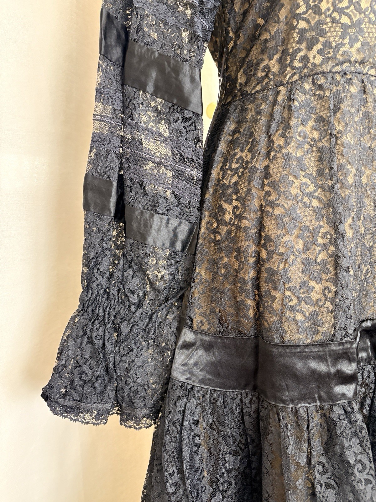 Vintage 70s Gothic Black Floral Lace Tiered Fully Lined Maxi Dress S