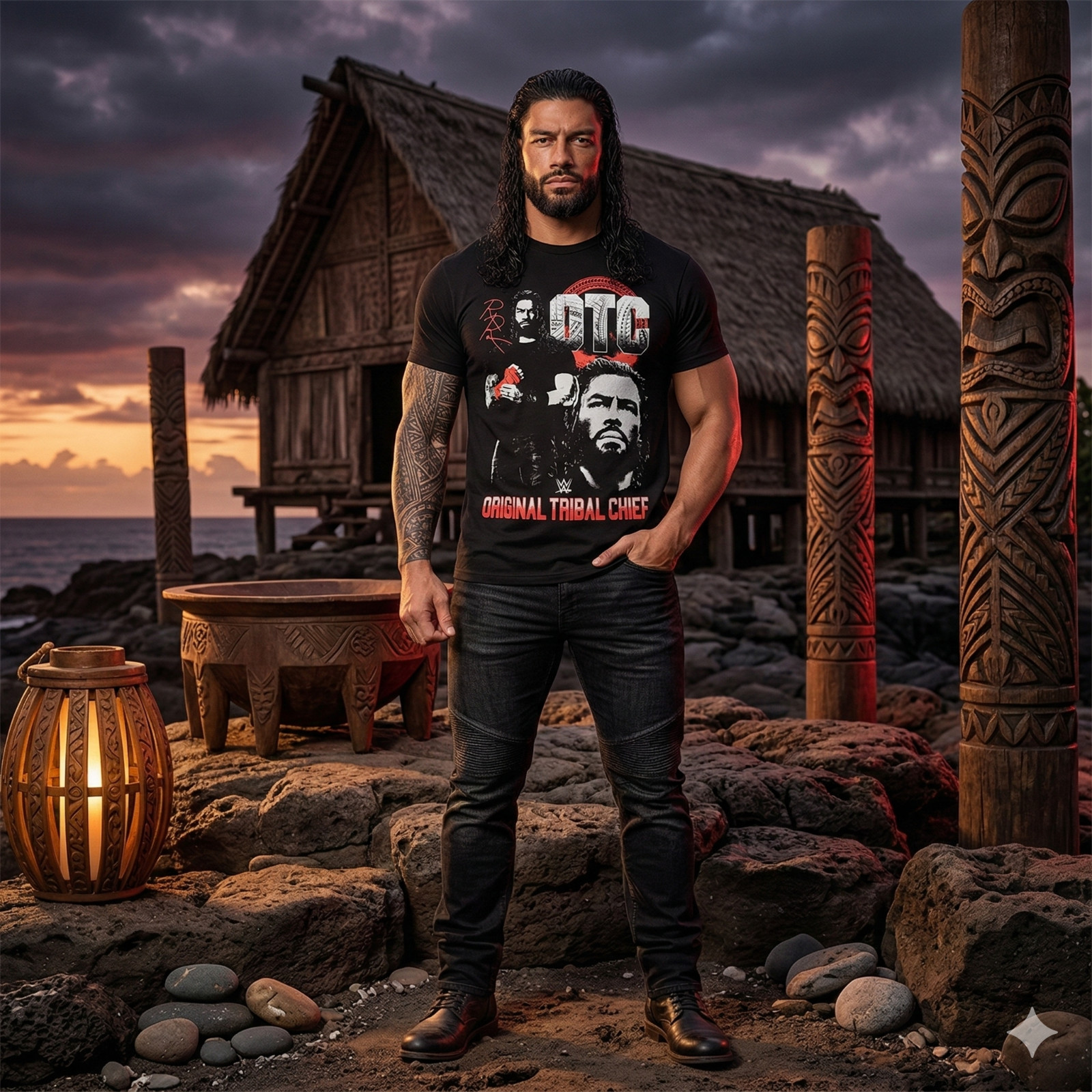 Roman Reigns OTC T-Shirt Original Tribal Chief WWE Black Cotton Tee Men All Size