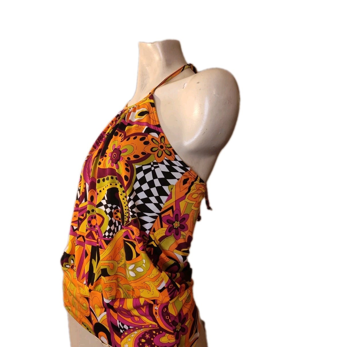 Vintage A buyer Halter Top Size Sm USA Psychedelic Floral Paisley Boho Hippie