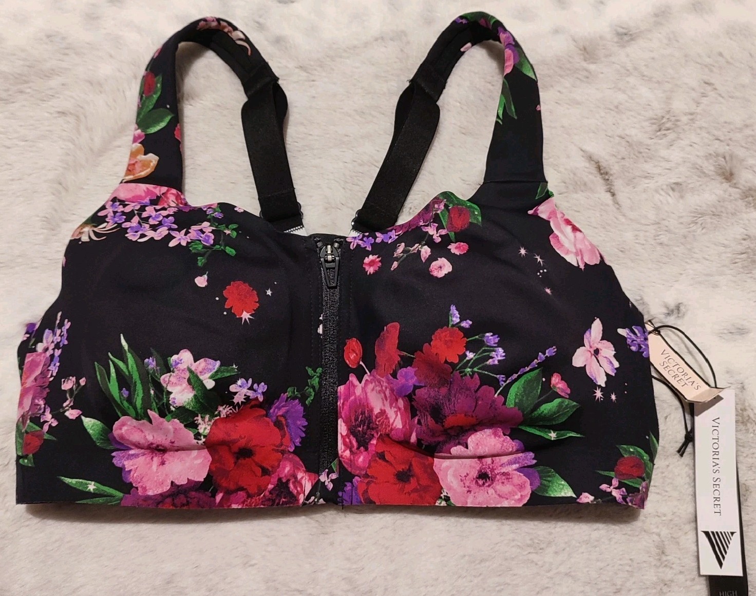 Victoria’s Secret On Point High Support Sports Bra 34D Floral Zip Front NWT