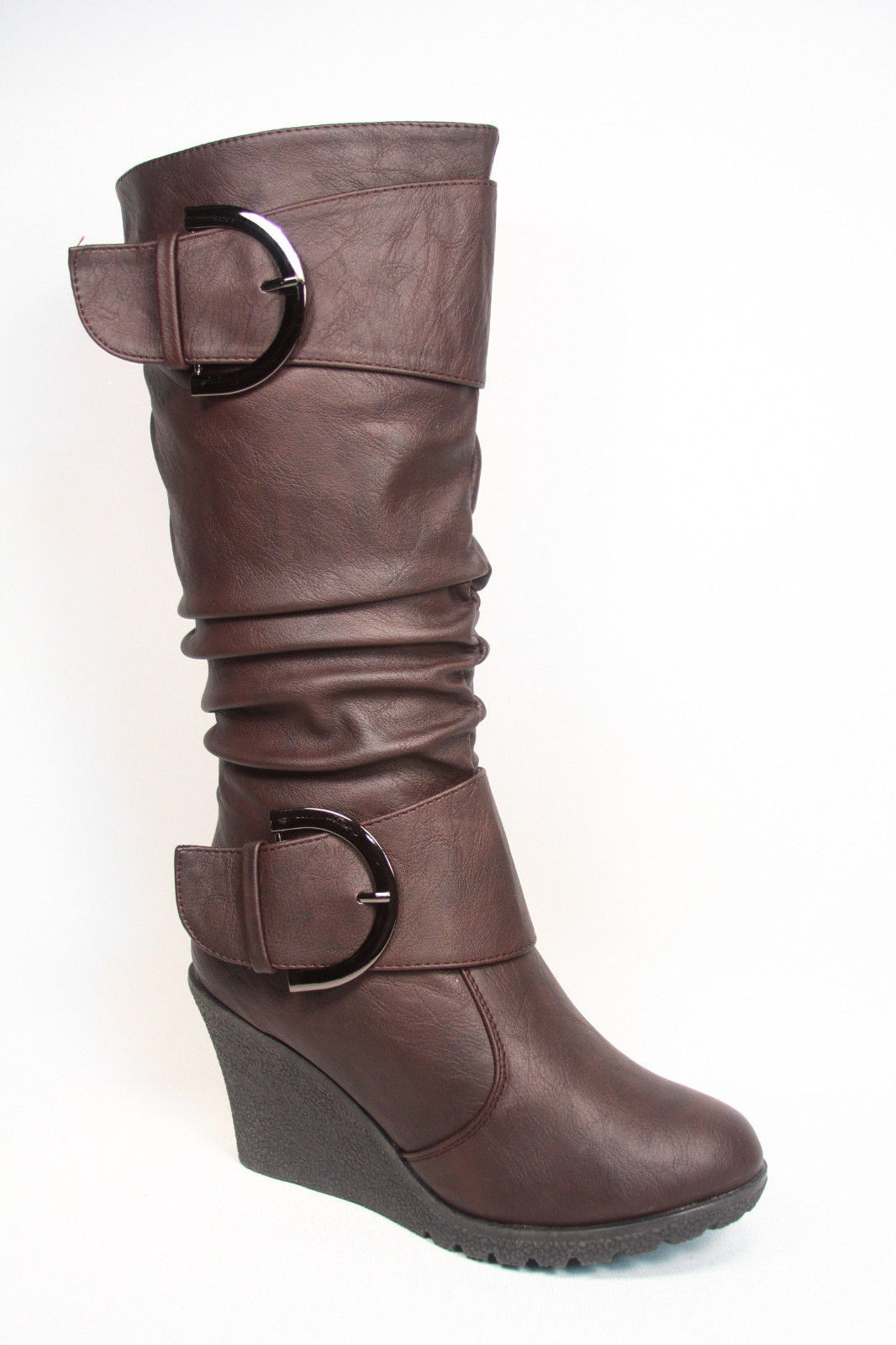 Women’s Cute Round Toe Slouch Buckle Wedge Mid Calf Boot Shoes Size 5 -11 NEW