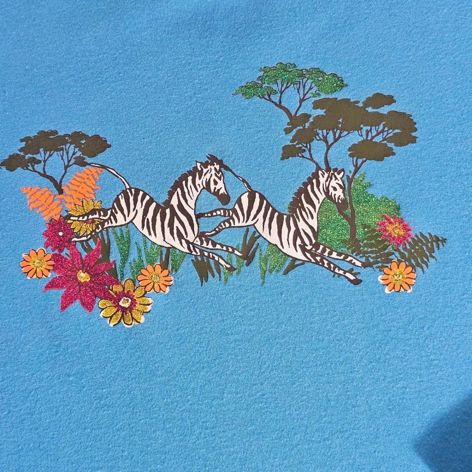 Kim Rogers Women’s M Blue 100% Cotton Knit 3/4 Zebra and Tree Graphic Top