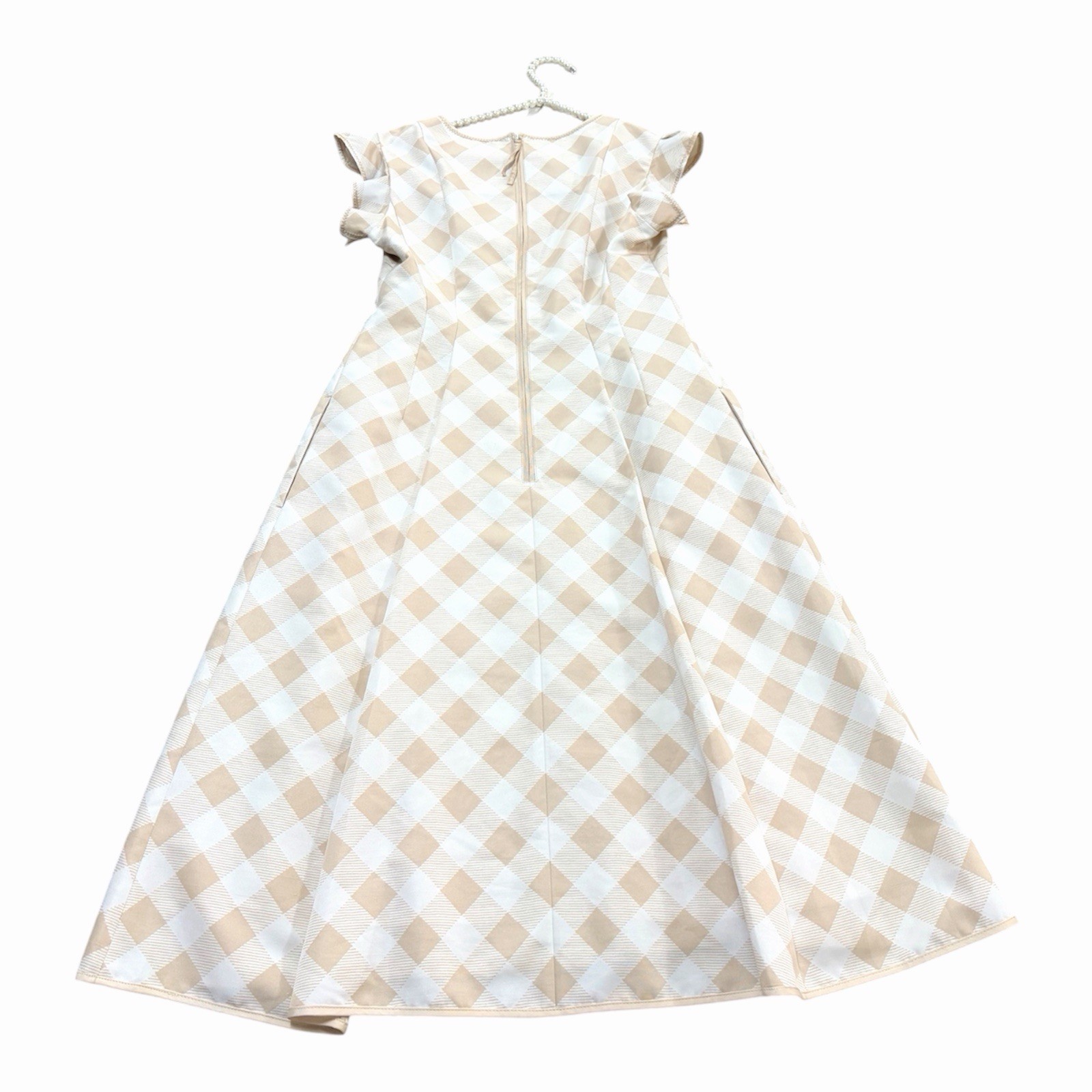 CELFORD Gingham Check Flare Dress Size 36 Beige White Ruffle Sleeve Japan