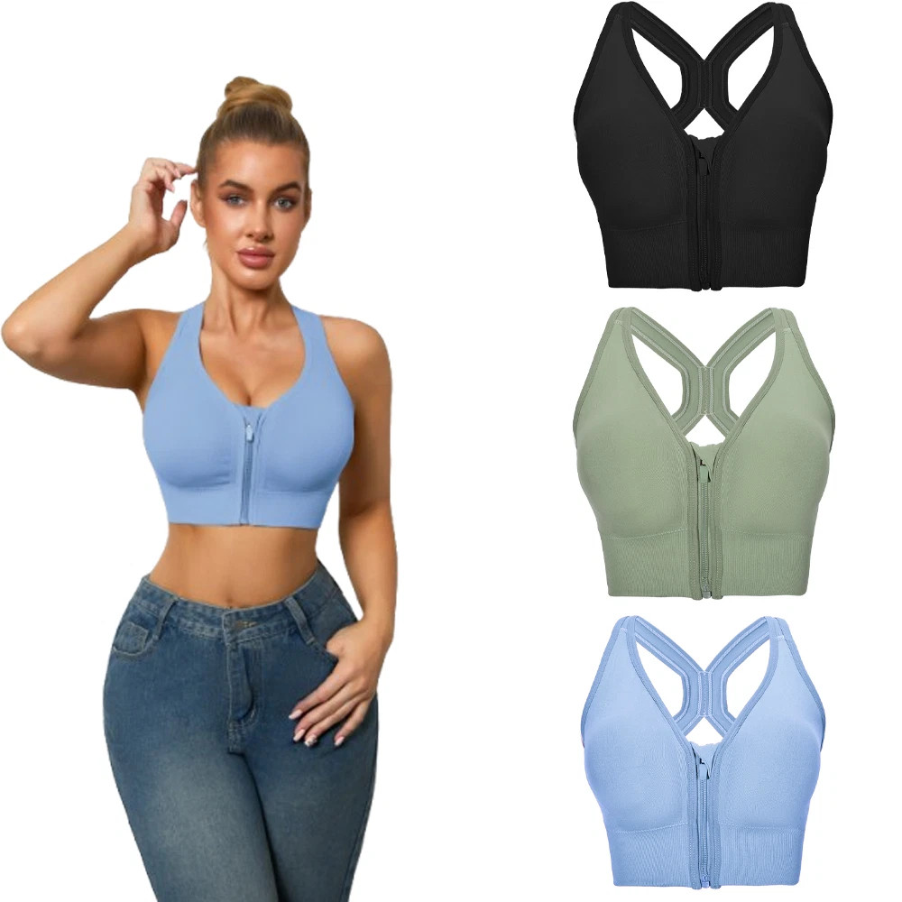 Front Zip Sports Bra for Women Padded Racerback Wireless Yoga Workout Sleep Bra