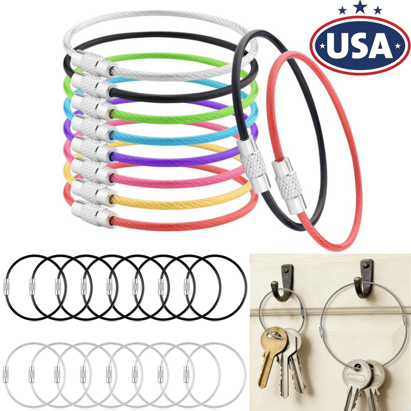 10Pcs Wire Keychain Cable, Cable Stainless Steel Key Ring, Luggage Tags Loops US