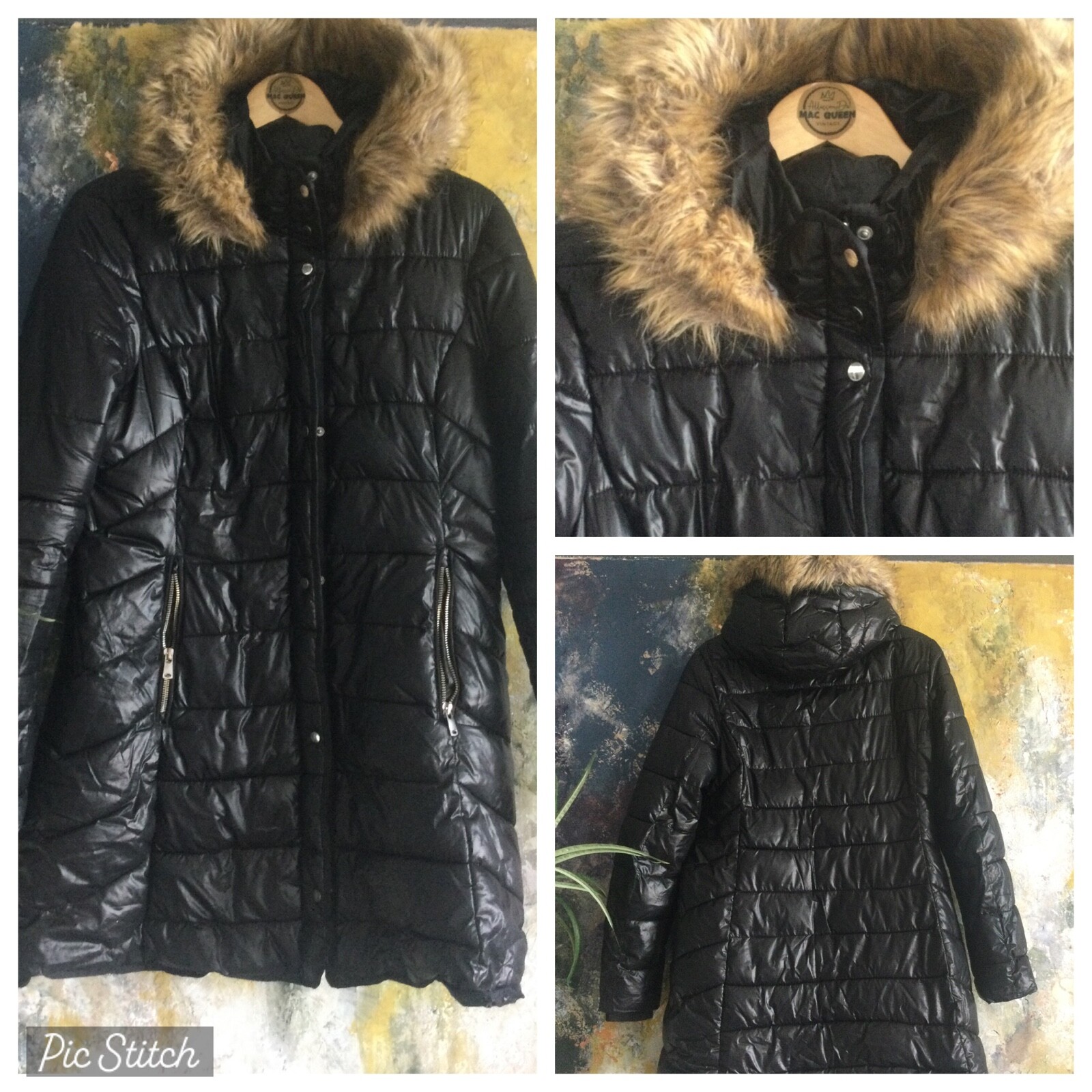 WOMENS COAT BLACK QUILTED PARKA FUR TRIM HOOD SHINY VGC WORN ON FILM INC UK PP