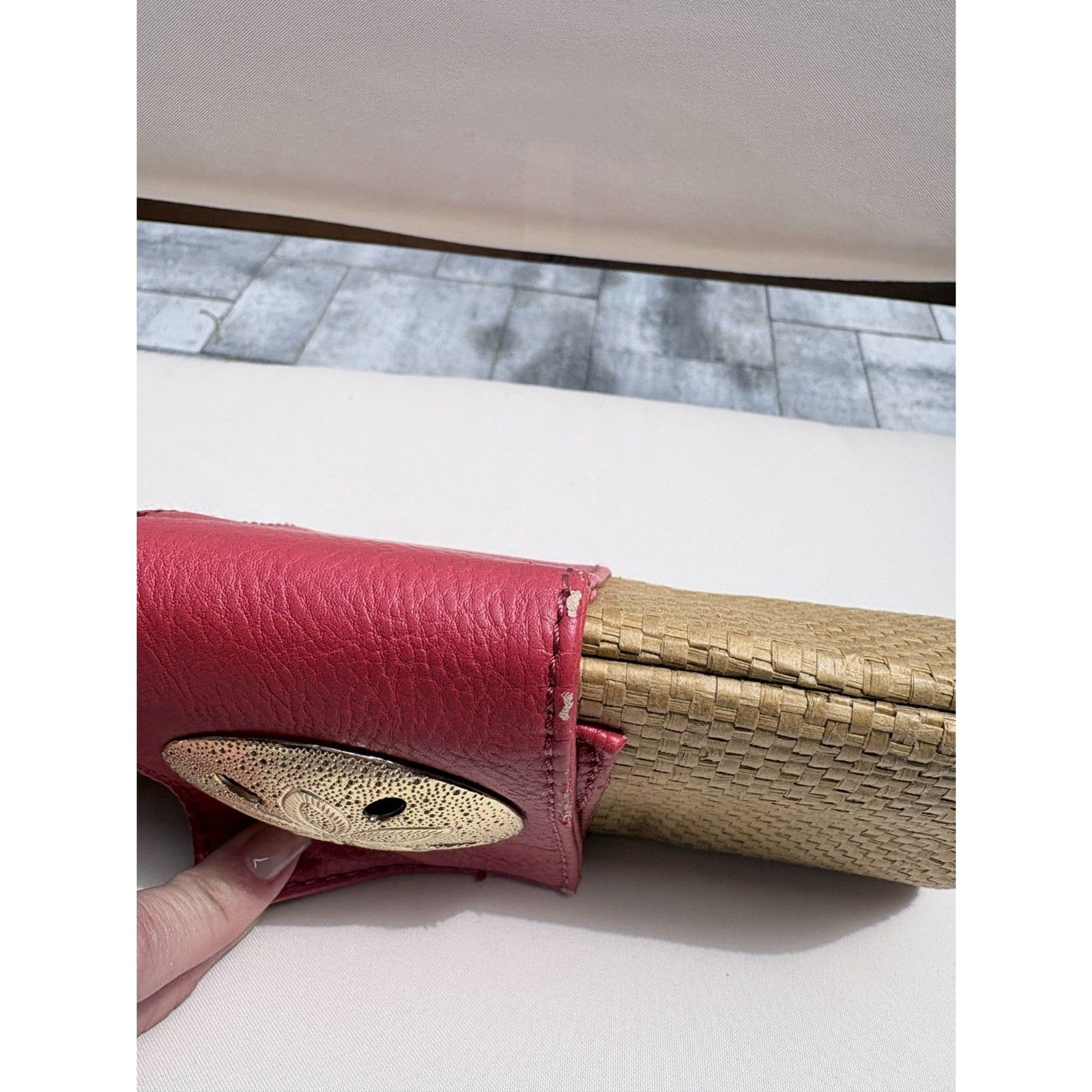 Mud Pie Woven Straw Clutch Wallet Pink Faux Leather Sand Dollar Accent