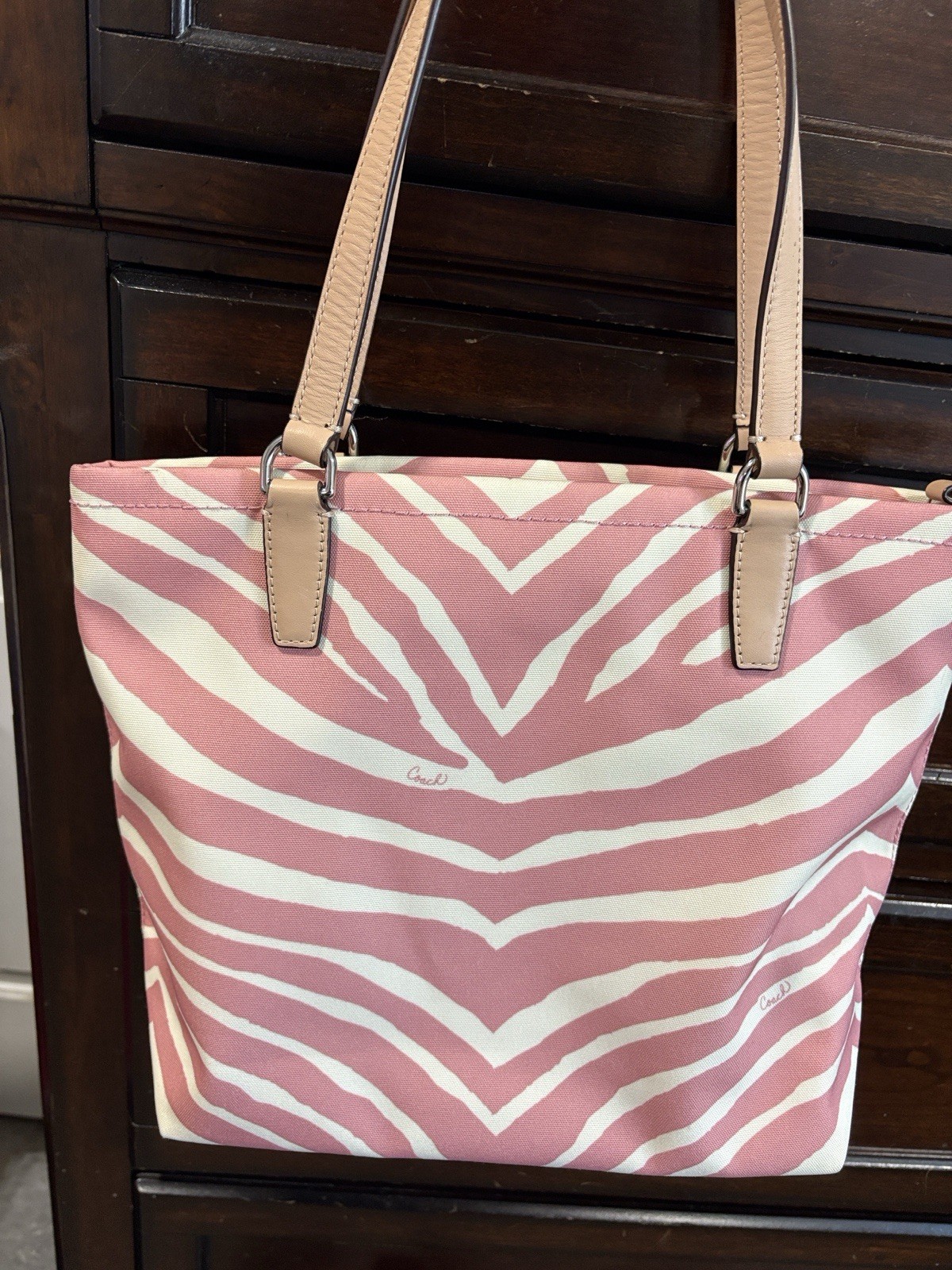 Coach Pink White Zebra Print Tote Bag Zip Closure Double Handles Bag Charm