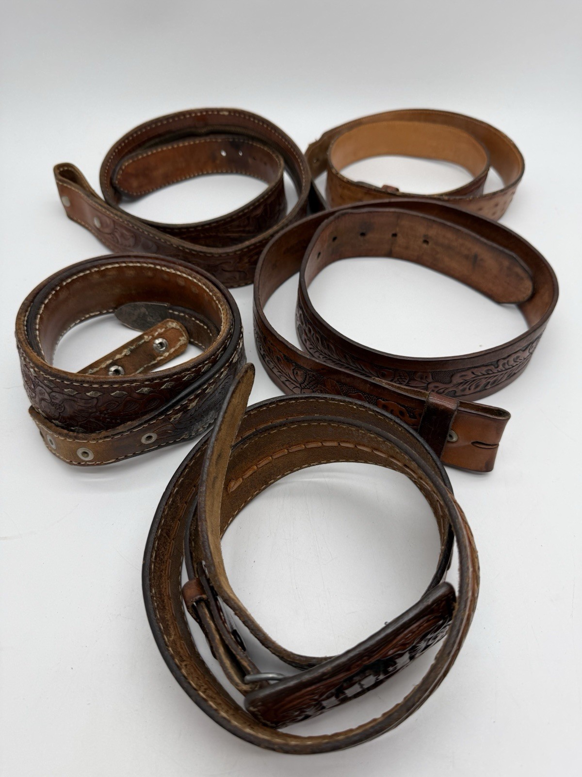 Lot of 5 Leather Belts Vintage Western Style Buckle Replacement Parts See Photos