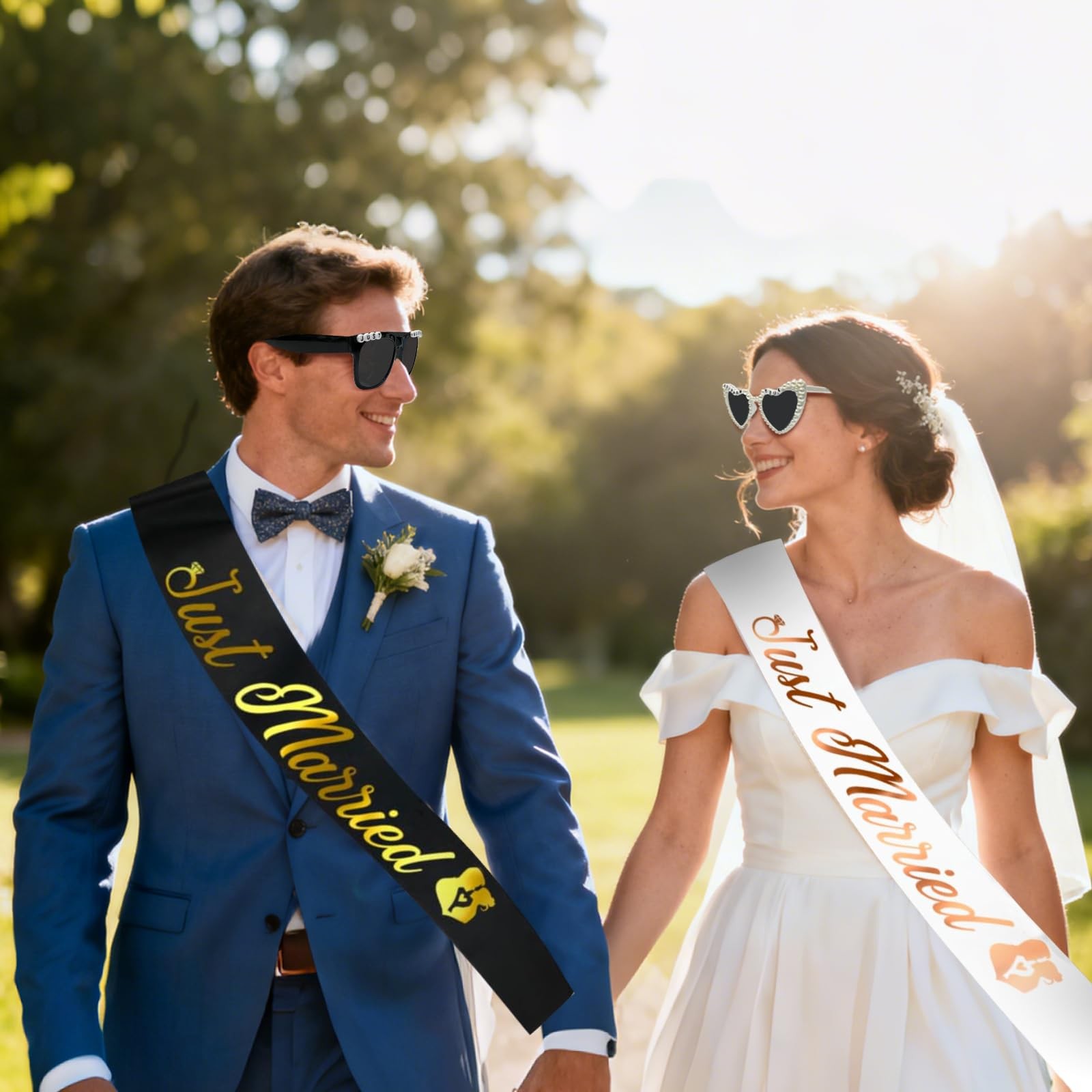 Just Married Bride and Groom Sunglasses with Sash Wedding Honeymoon Accessories