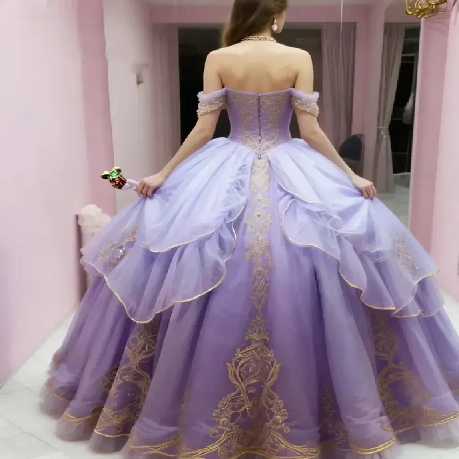 Lavender Gold Embroidery Tulle Quinceanera Ball Gown Sweet 16 Pageant Dress