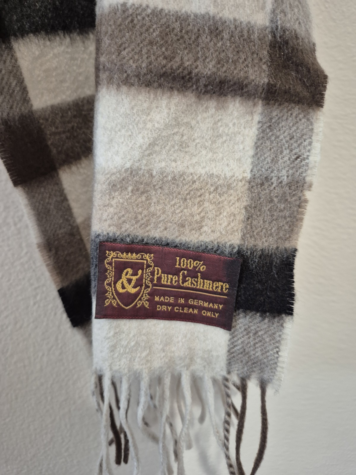 Vintage 100% Pure Cashmere Scarf Made In Germany Plaid Check Beige Brown Fringe