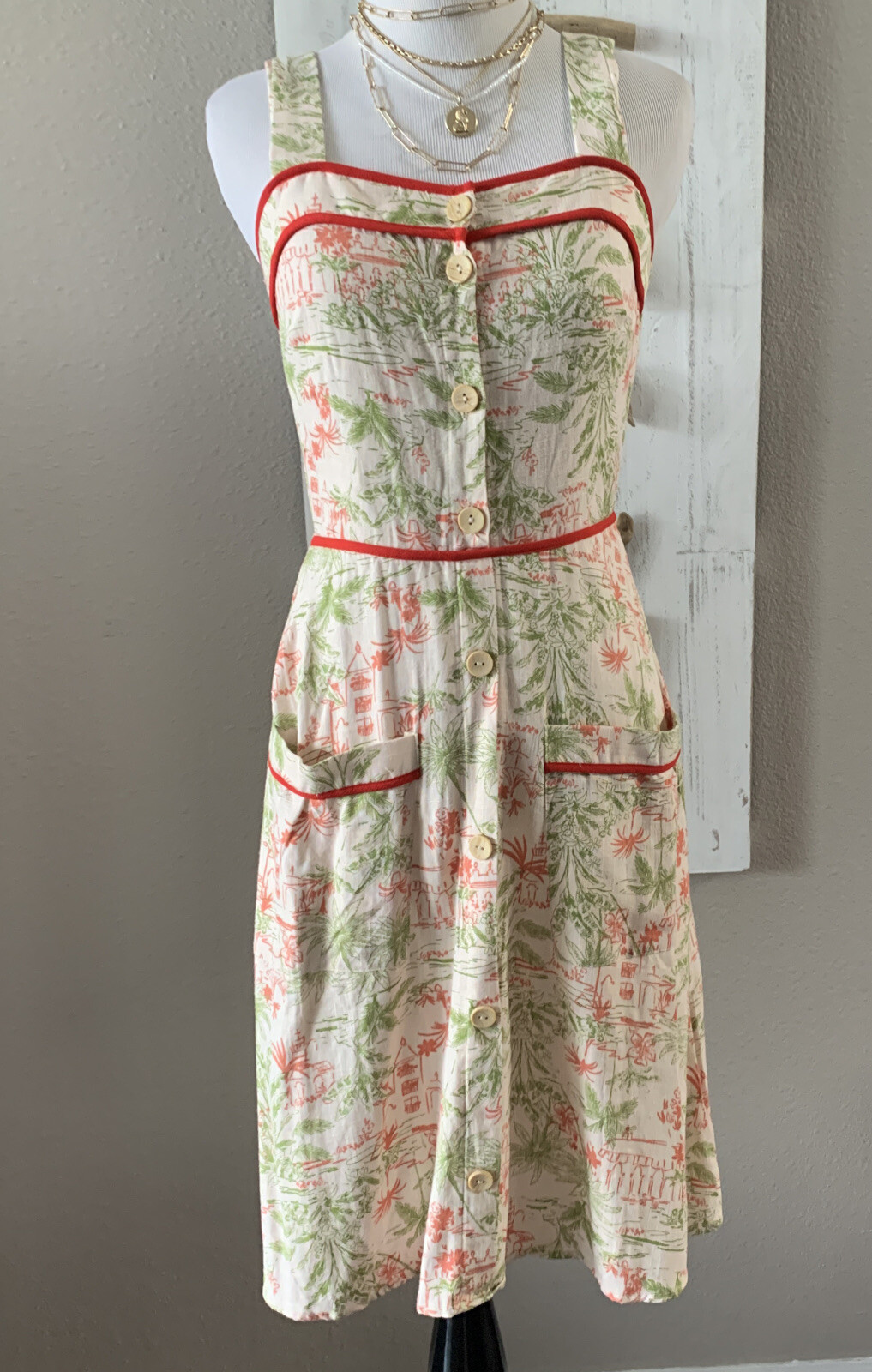 Monteau Linen Blend Pagoda pattern Sundress S Natural Ivory and Red dress