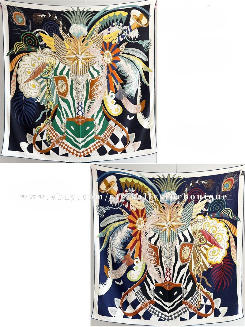 Sallys 70% Cashmere 30% Silk Wrap Scarf Feather Print Double Face Shawl 53″ Navy