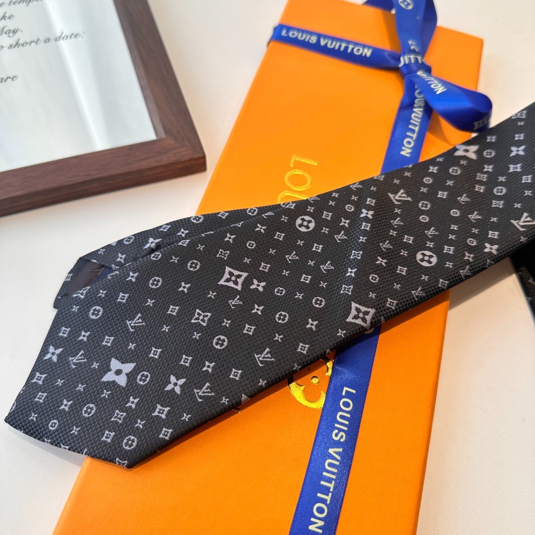 L.V. Paris Designer Silk Tie Black Grey Monogram Pattern Luxury Necktie w/ Box