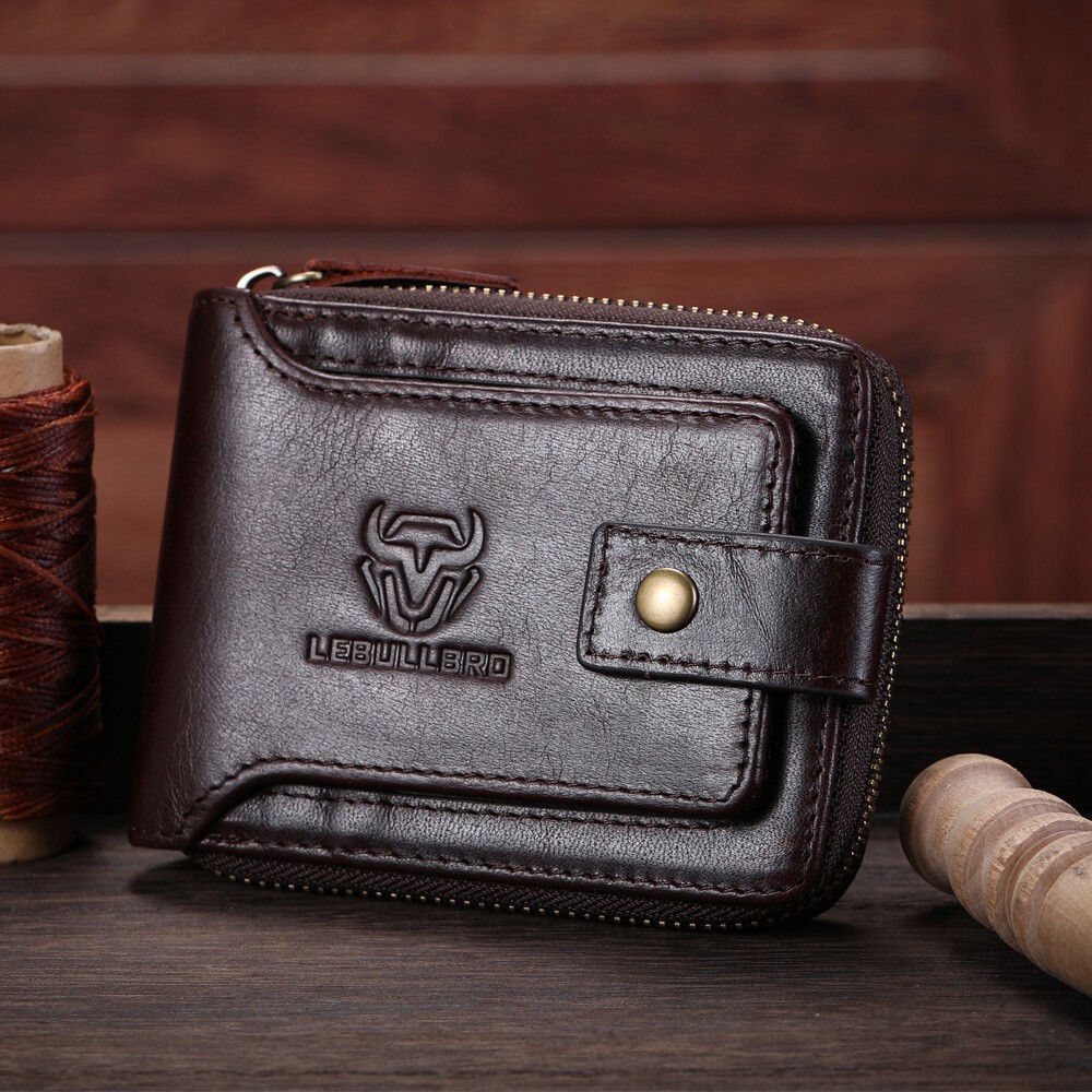 Men’s RFID Blocking Leather Zip Wallet Bifold with Coin Pocket & Card Slots