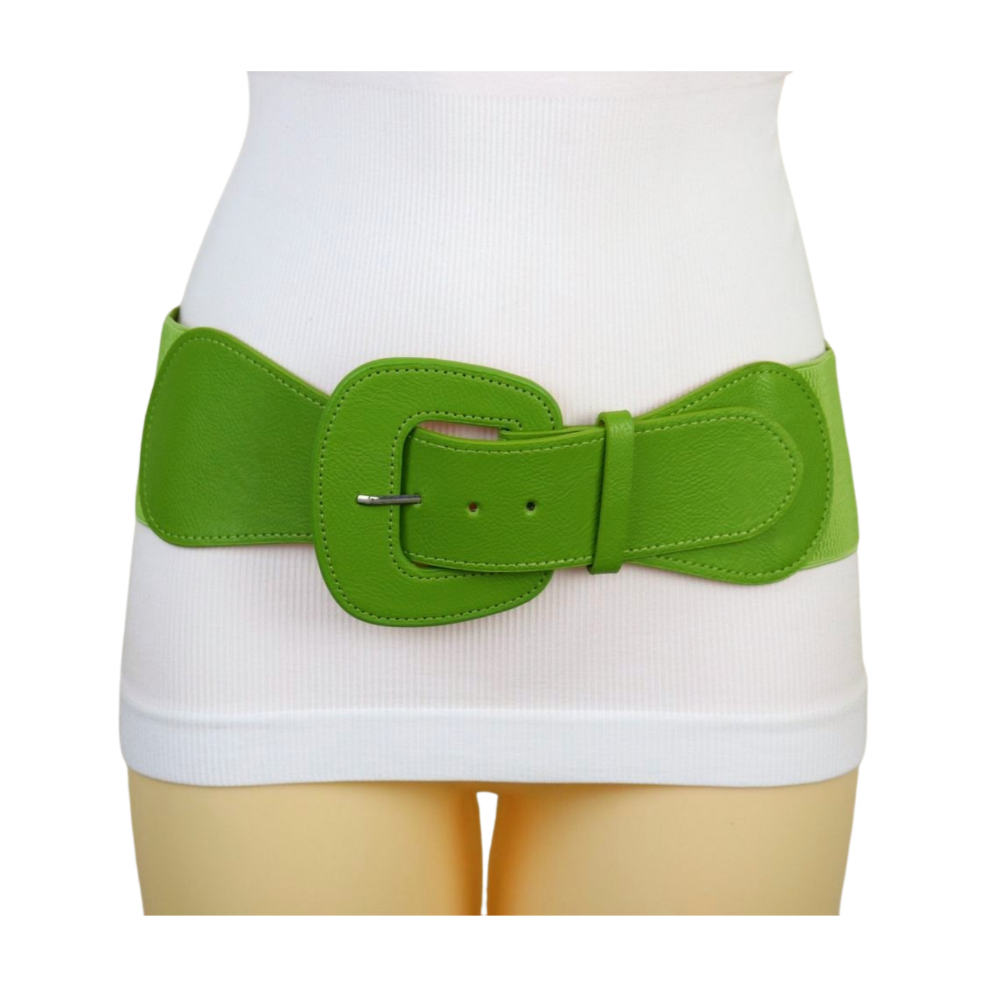 Women Olive Green Elastic Waistband Wide Popular Fun Fashion Belt Big Buckle S M